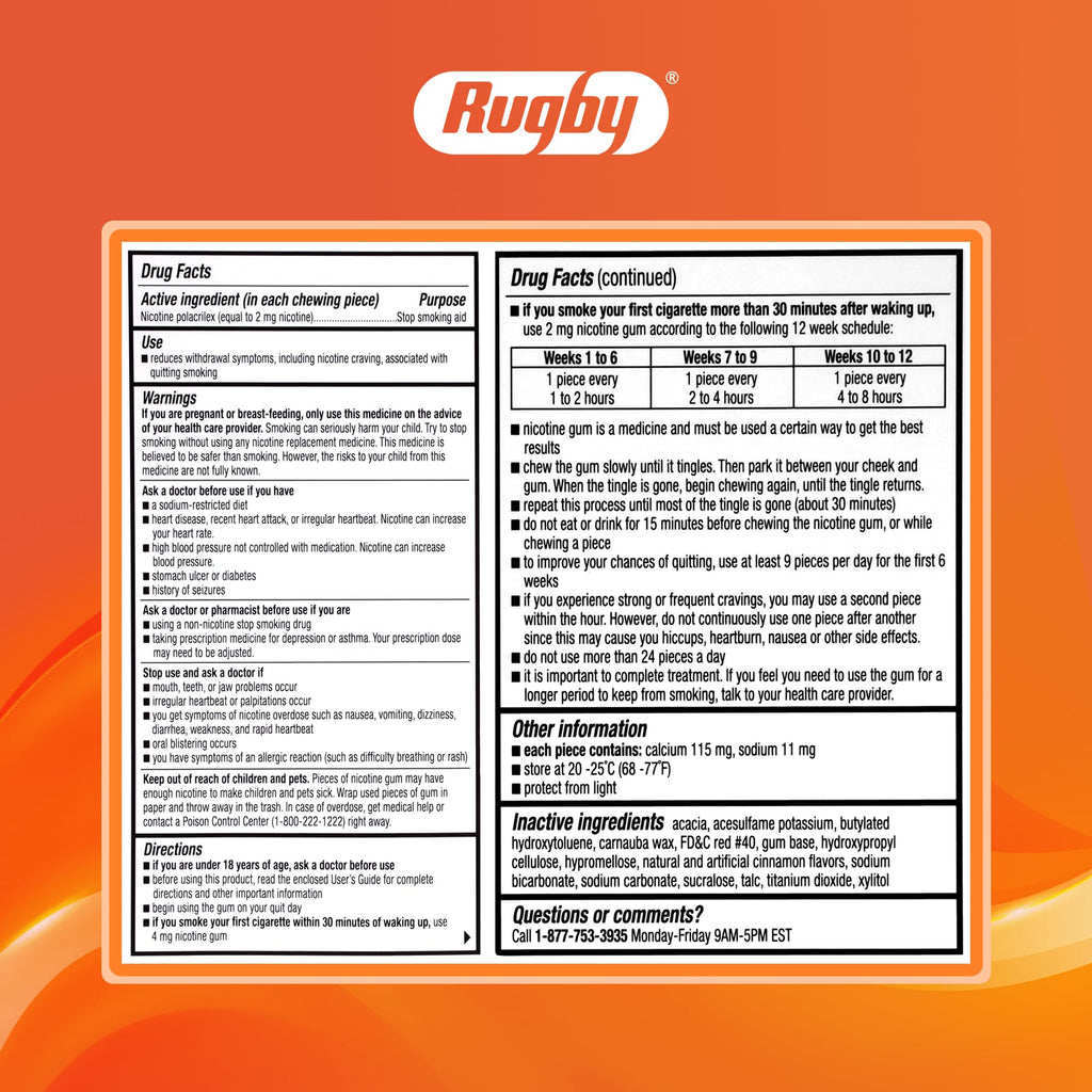 Rugby Polacrilex 2mg Nicotine Gum – Cinnamon Flavor, Sugar-Free (100 Count, 4 Pack)