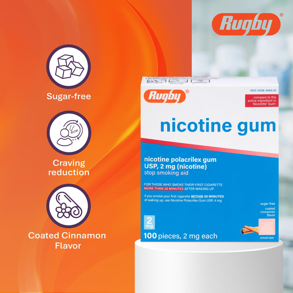 Rugby Polacrilex 2mg Nicotine Gum – Cinnamon Flavor, Sugar-Free (100 Count, 4 Pack)