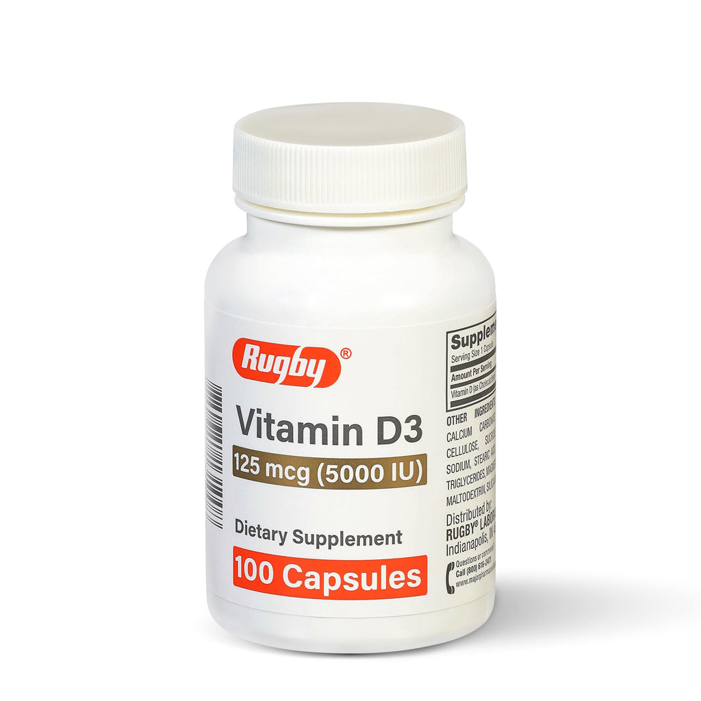 Rugby Vitamin D3 5,000 IU (125 mcg) – Bone, Teeth & Immune Health, 100 Capsules