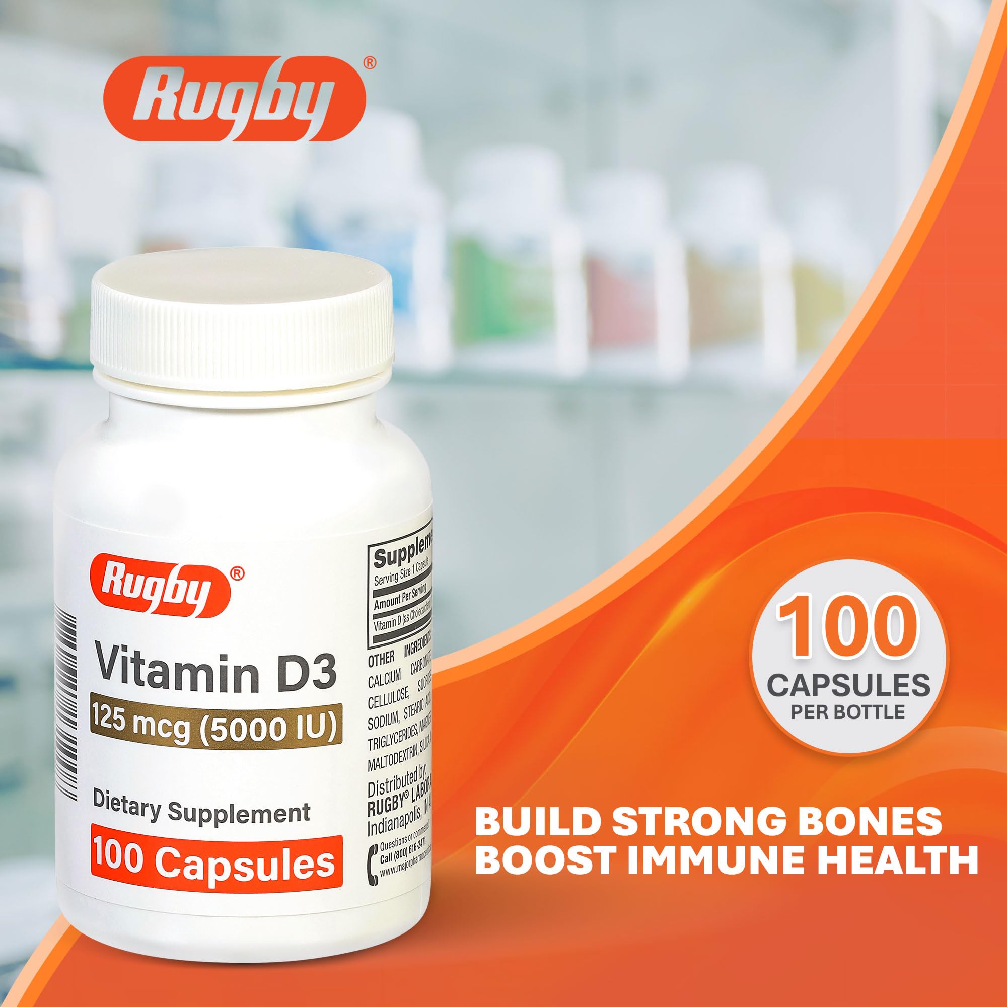 Rugby Vitamin D3 5,000 IU (125 mcg) – Bone, Teeth & Immune Health, 100 Capsules