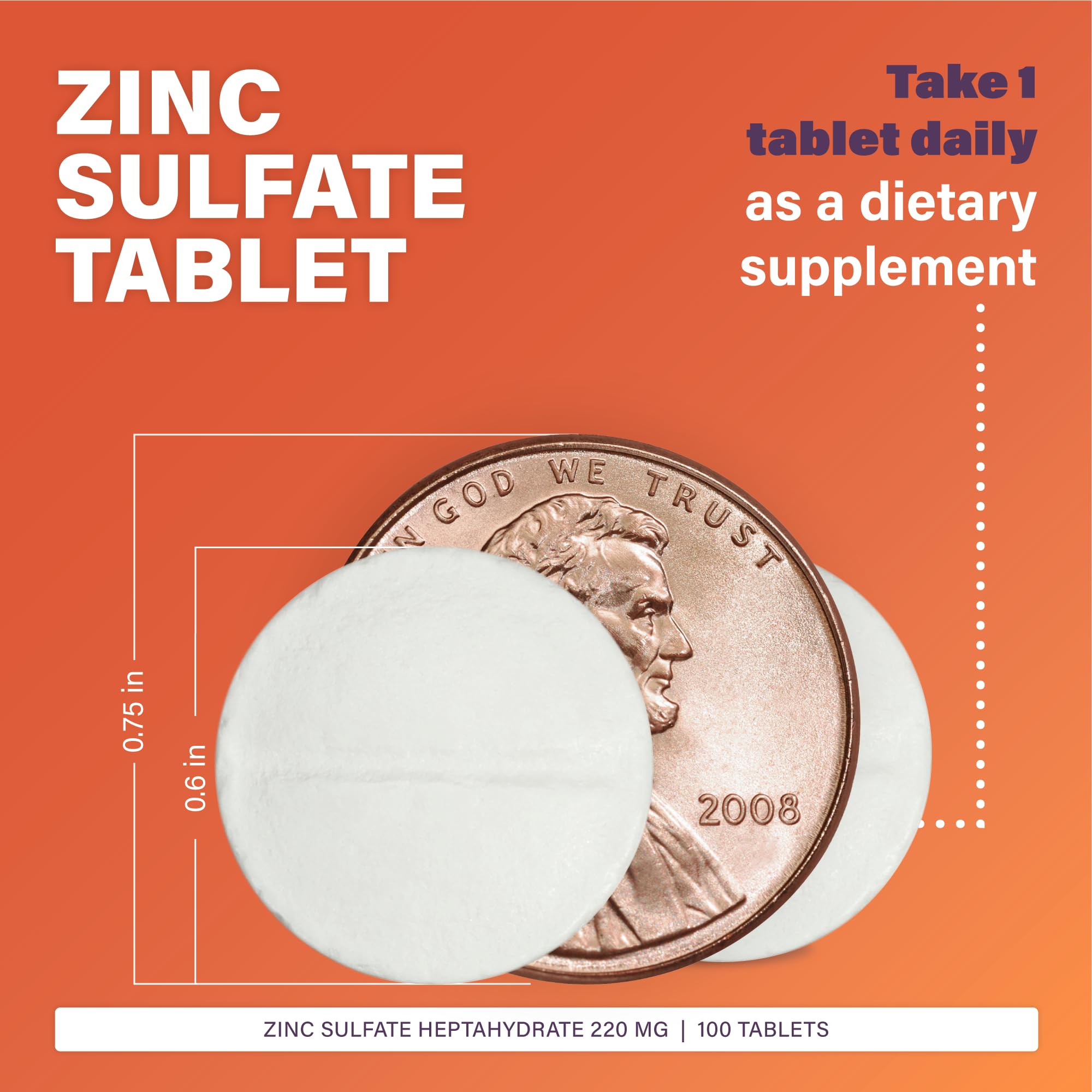 Rugby Zinc Sulfate 220 mg Tablets - Made with Zinc Sulfate Heptahydrate - Dietary Supplement - 100 Count (4 Pack)
