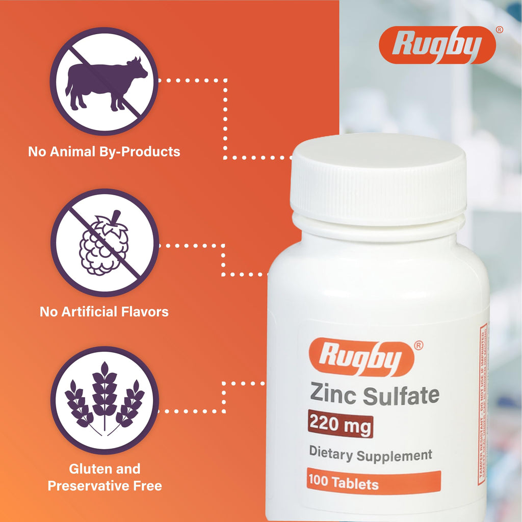 Rugby Zinc Sulfate 220 mg Tablets - Made with Zinc Sulfate Heptahydrate - Dietary Supplement - 100 Count (4 Pack)