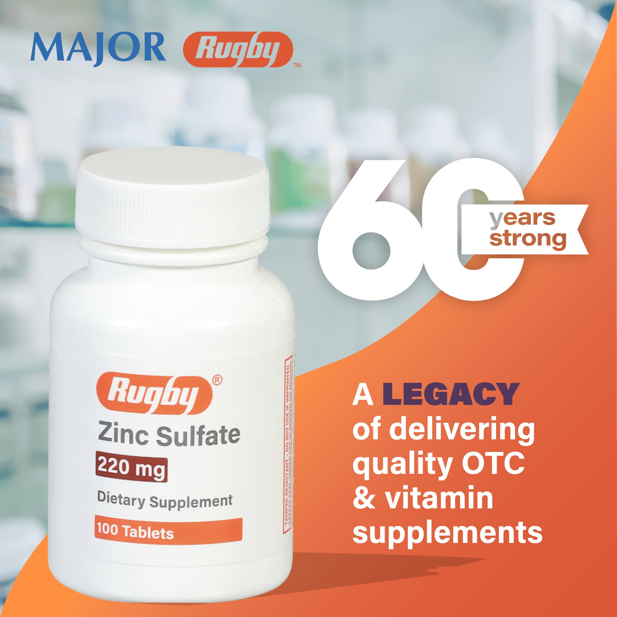 Rugby Zinc Sulfate 220 mg Tablets - Made with Zinc Sulfate Heptahydrate - Dietary Supplement - 100 Count (4 Pack)