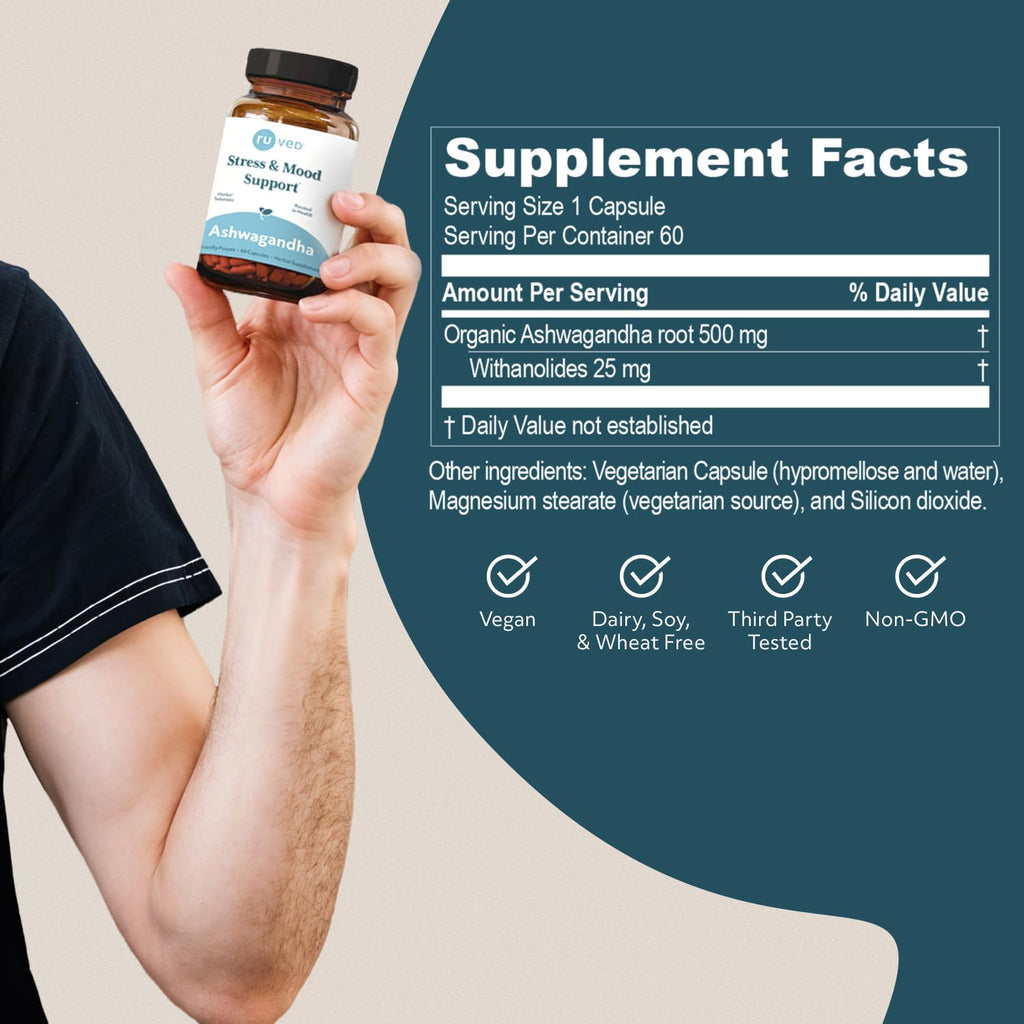 ruved Ashwagandha Capsules - Organic 500mg, 60 Veg Caplets | Adrenal Health & Wellness