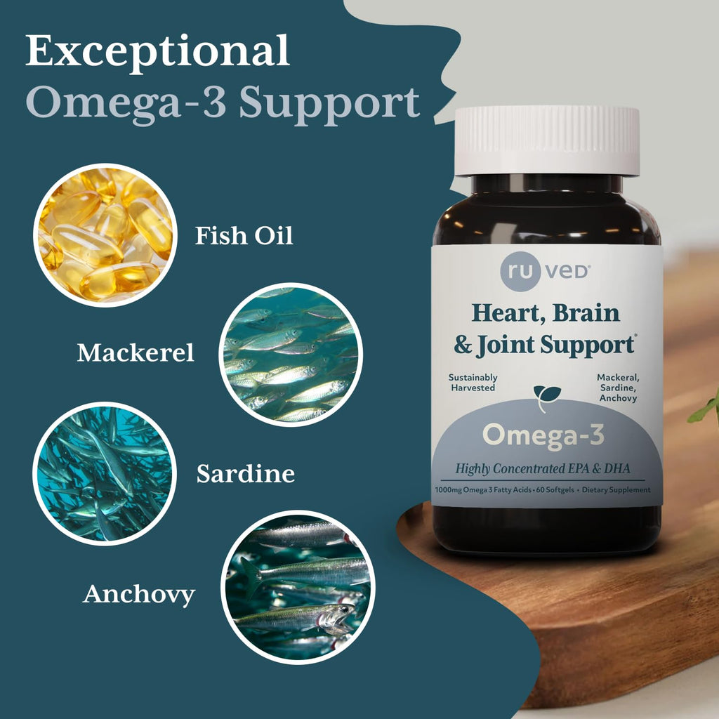 Ruved Omega-3 Fish Oil 1000mg | EPA & DHA | Heart, Brain & Joint Support | 60 Softgels
