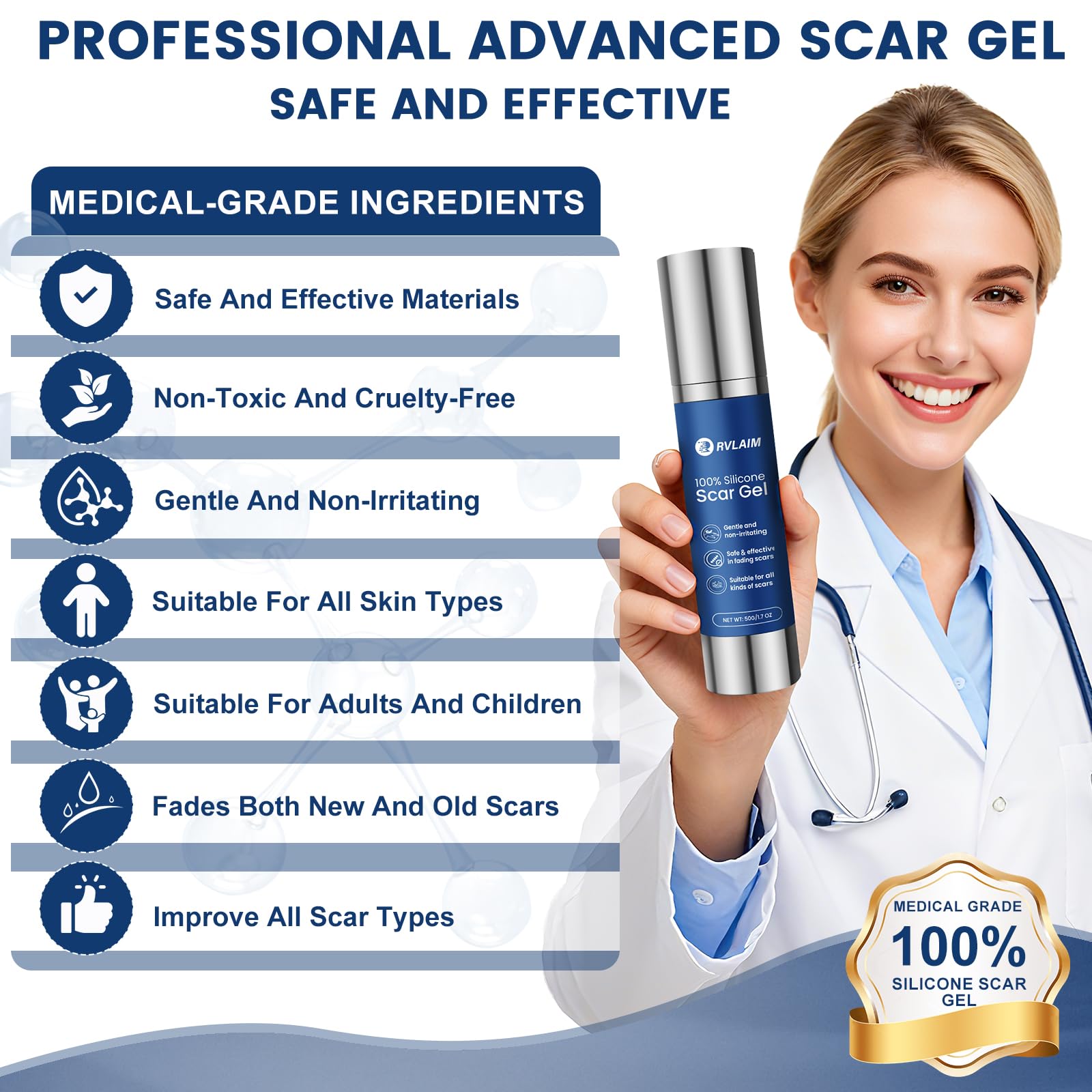 Rvlaim 100% Silicone Scar Gel | Advanced Scar Cream for Surgical, Burn, Acne Scars | 1.7 oz / 50 ml