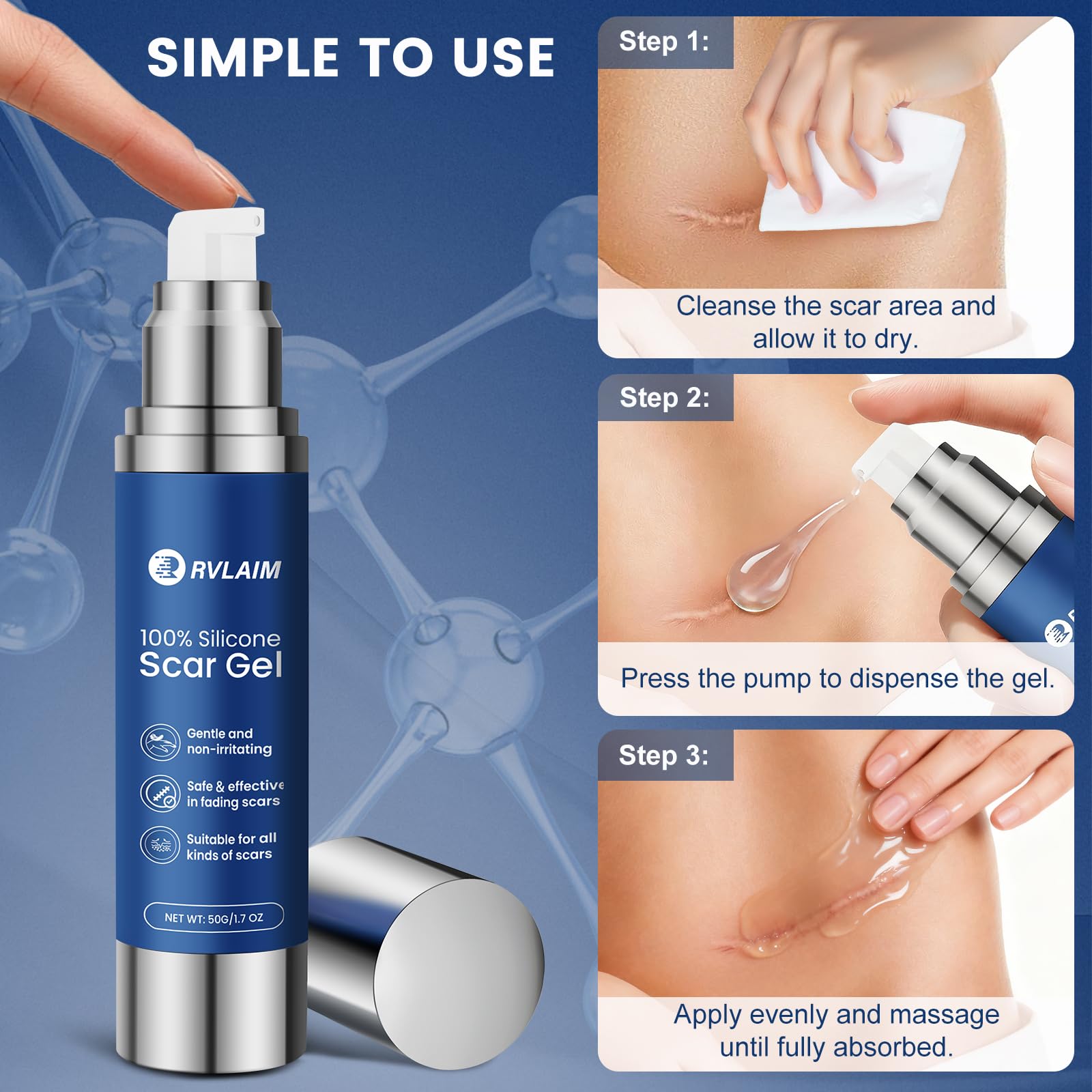 Rvlaim 100% Silicone Scar Gel | Advanced Scar Cream for Surgical, Burn, Acne Scars | 1.7 oz / 50 ml