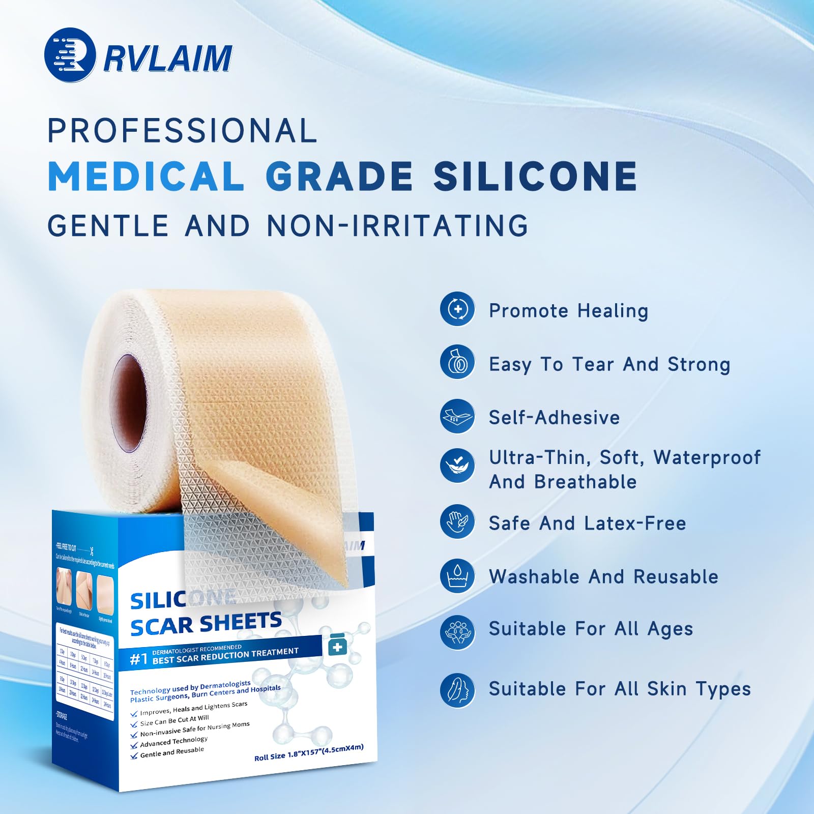 Rvlaim Silicone Scar Sheets – 1.8” x 157” Roll for Surgical Scars, Keloids, Stretch Marks
