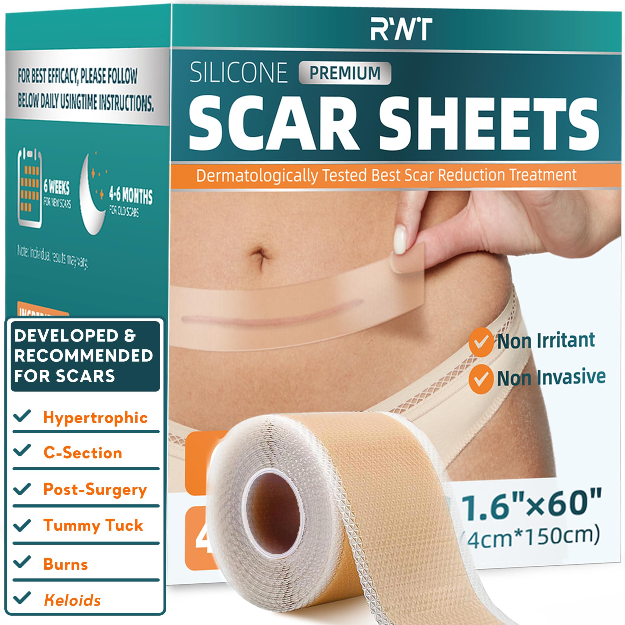 RWT Silicone Scar Sheets – 60 inch x 1.6 inch Roll for Surgical Scars