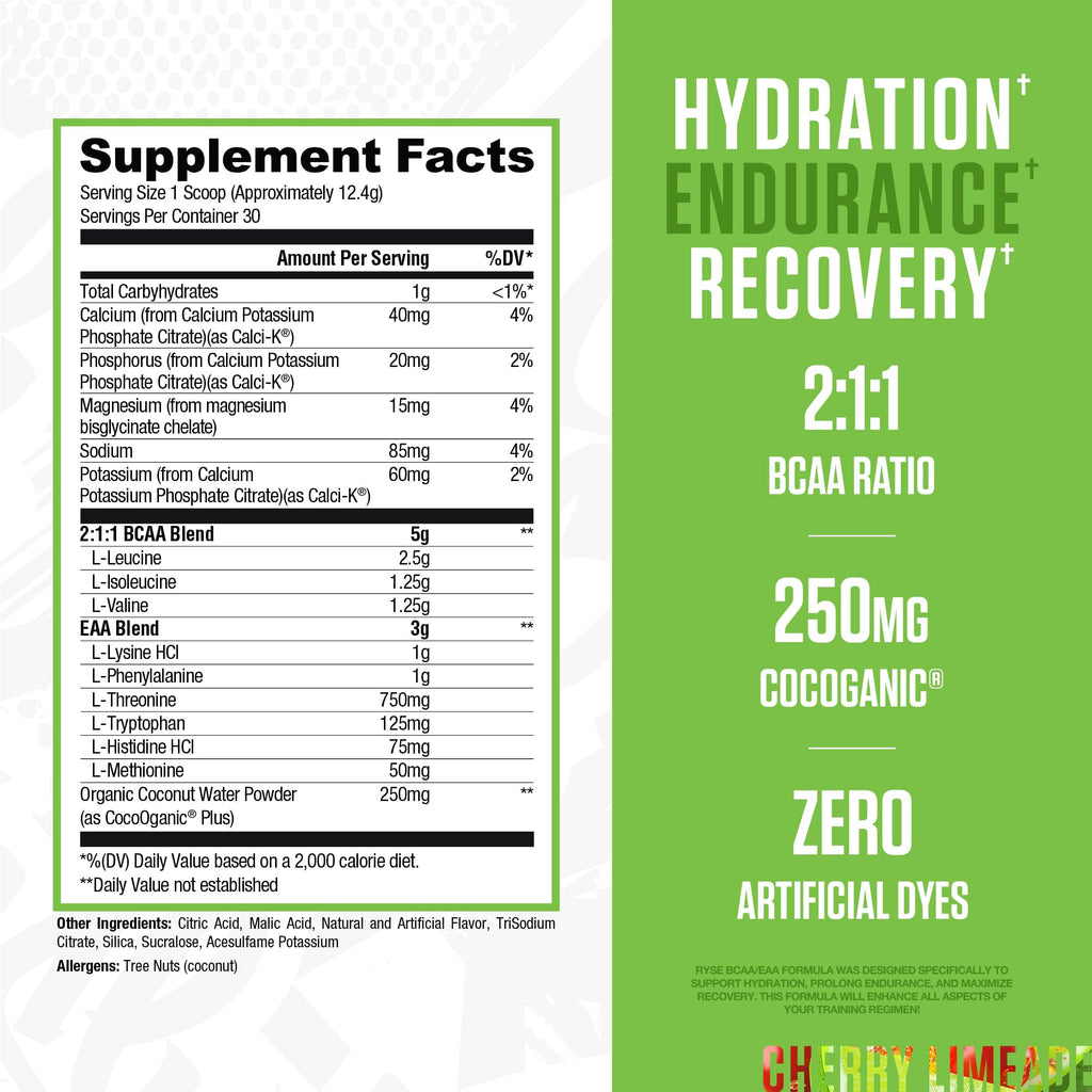 RYSE BCAA EAA Powder – Cherry Limeade | 5g BCAAs, 3g EAAs, Sugar-Free Electrolytes | 30 Servings