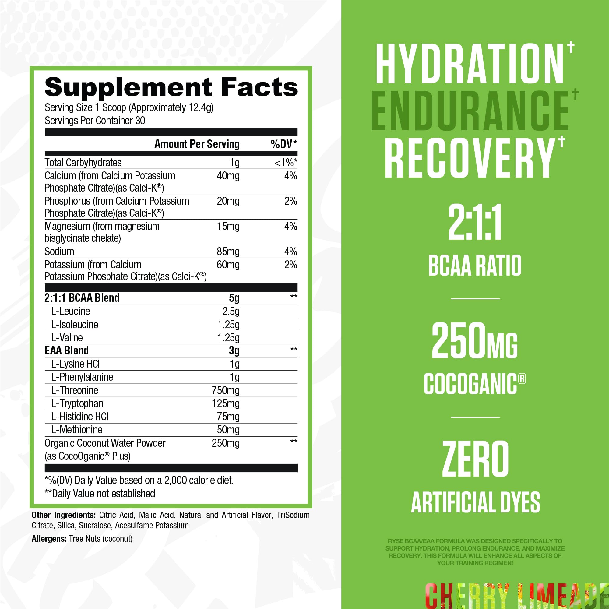 RYSE BCAA EAA Powder – Cherry Limeade | 5g BCAAs, 3g EAAs, Sugar-Free Electrolytes | 30 Servings