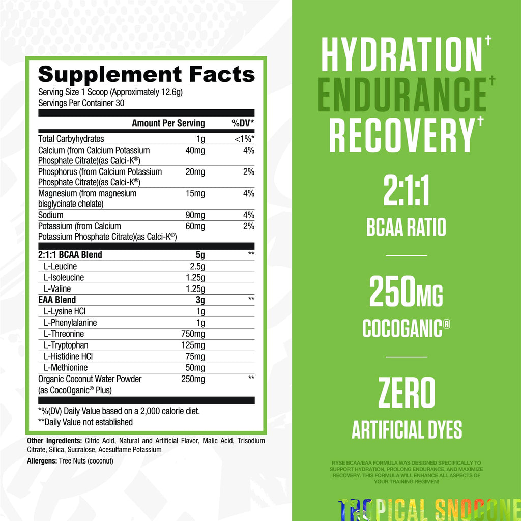 RYSE BCAA EAA Powder Tropical SnoCone – 5g BCAAs, 3g EAAs, Sugar-Free Hydration, 30 Servings