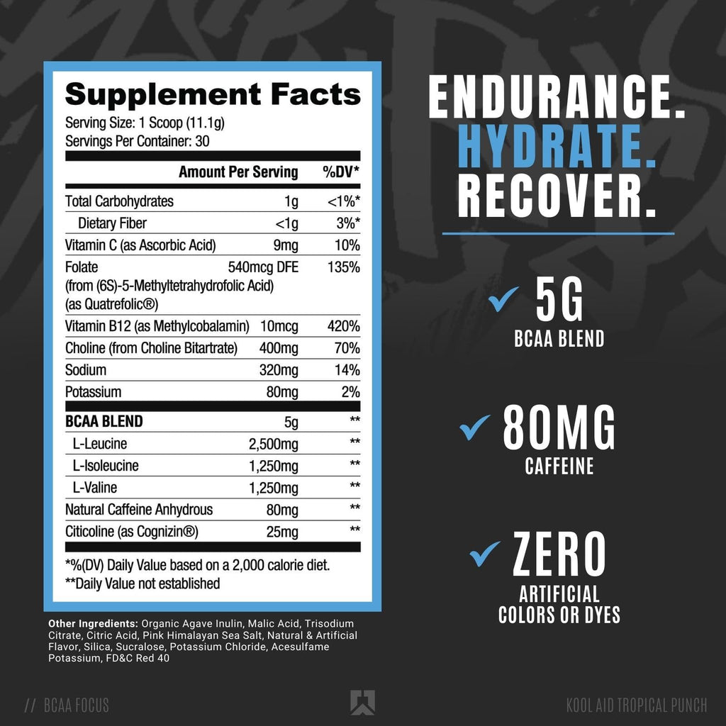 RYSE BCAA Focus Powder - Kool-Aid Tropical Punch (30 Servings) | Electrolytes, Caffeine & Cognizin