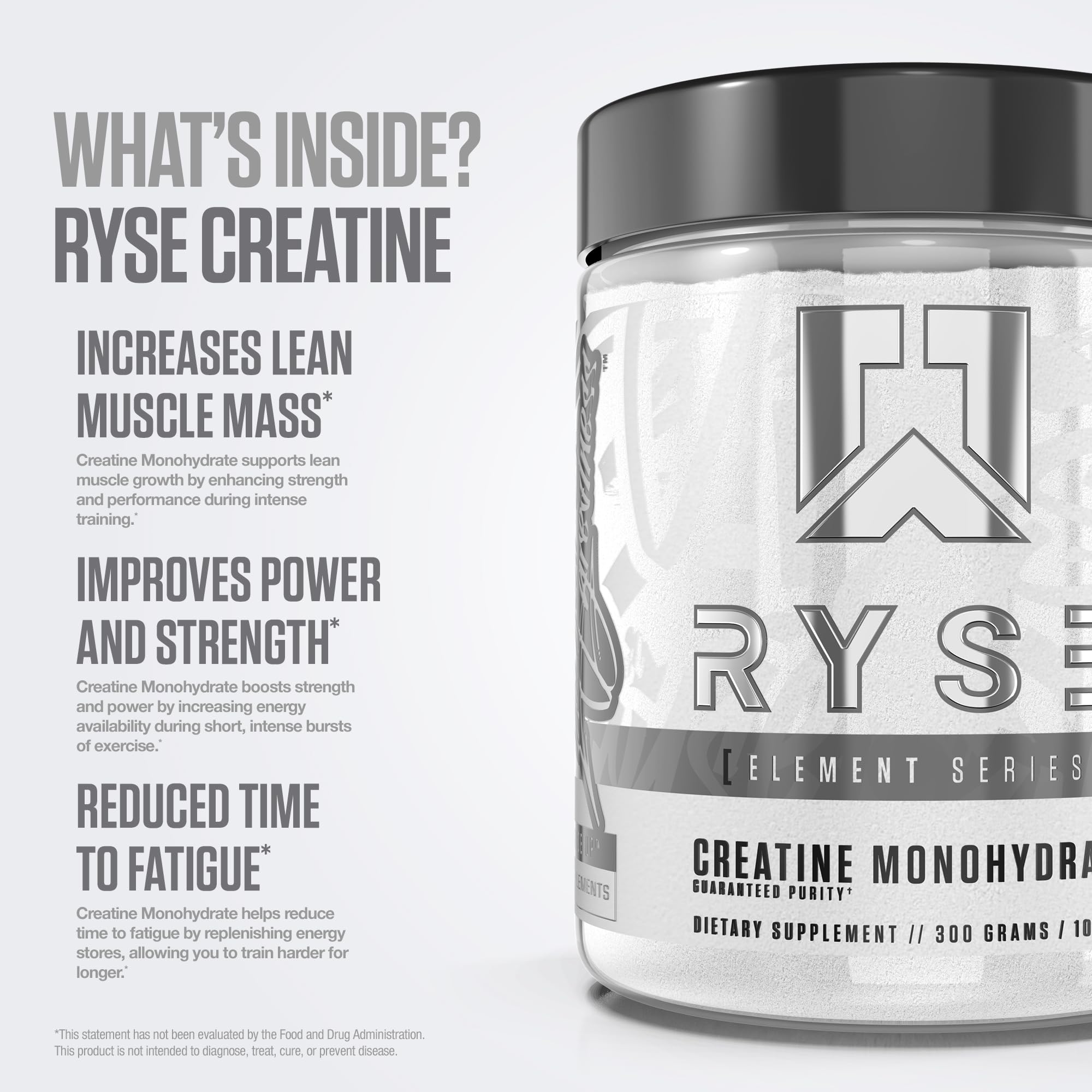 RYSE Creatine Monohydrate Powder - Unflavored | Lean Muscle Growth, Strength & Endurance | 60 Servings