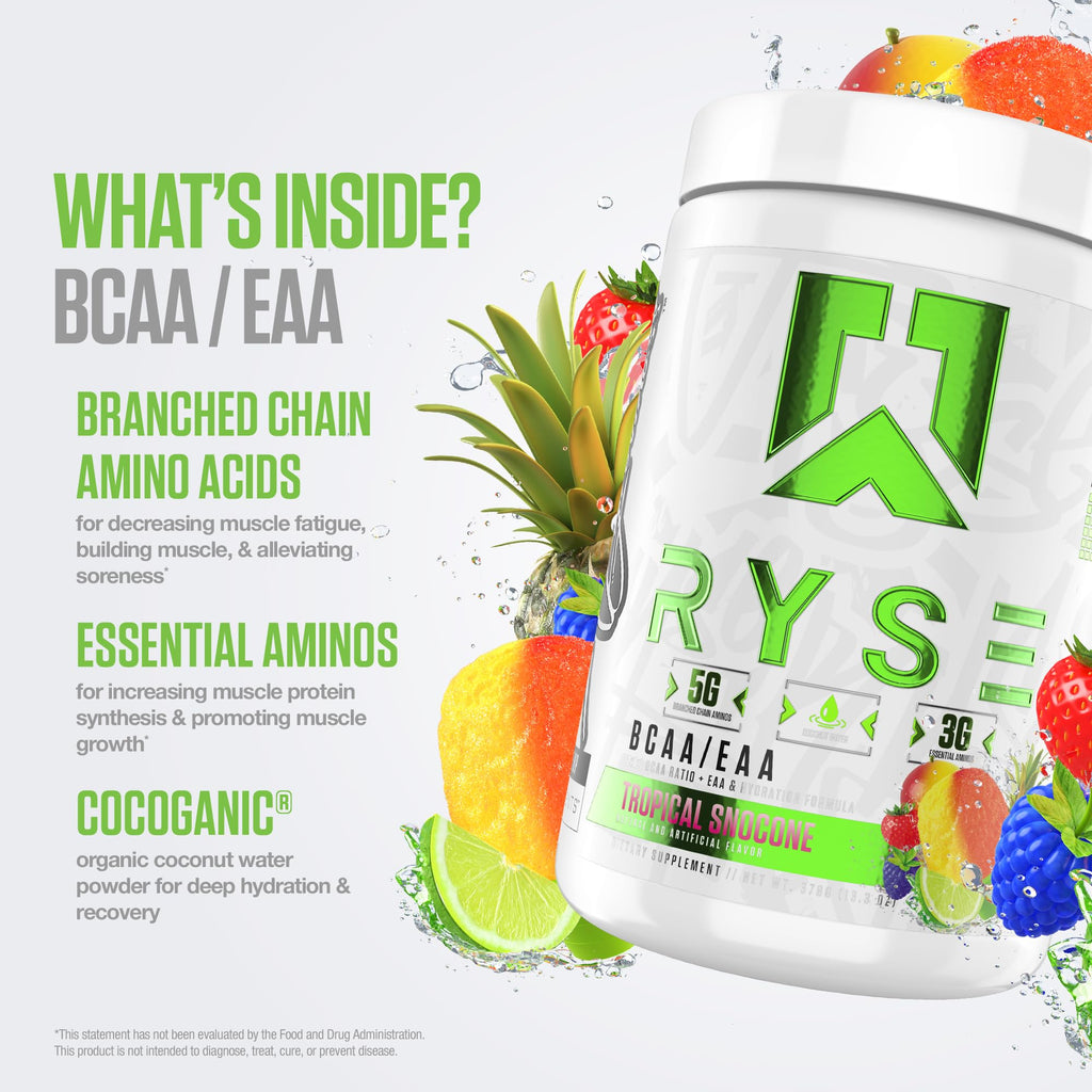 RYSE BCAA EAA Powder Tropical SnoCone – 5g BCAAs, 3g EAAs, Sugar-Free Hydration, 30 Servings