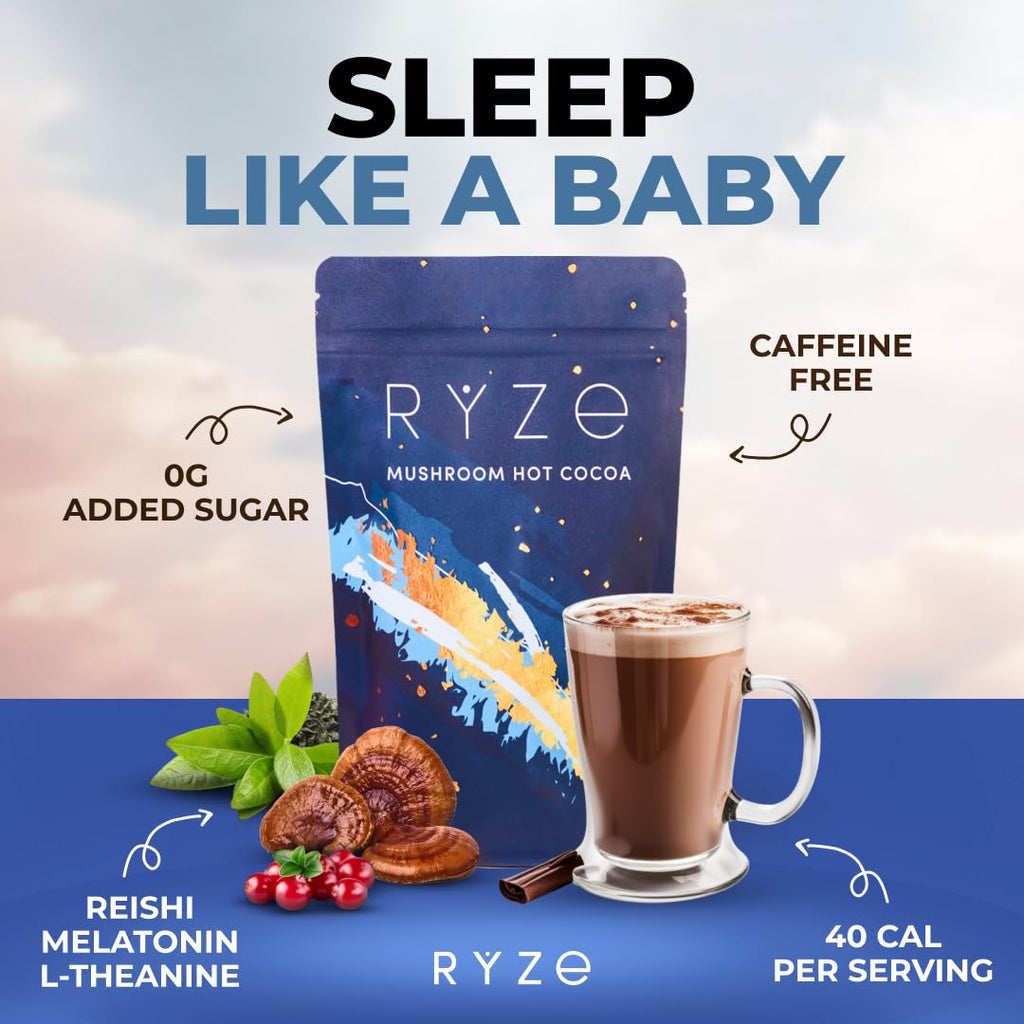RYZE SUPERFOODS Mushroom Hot Cocoa with Melatonin Sleep Support – Keto Cocoa Powder, 20 Servings