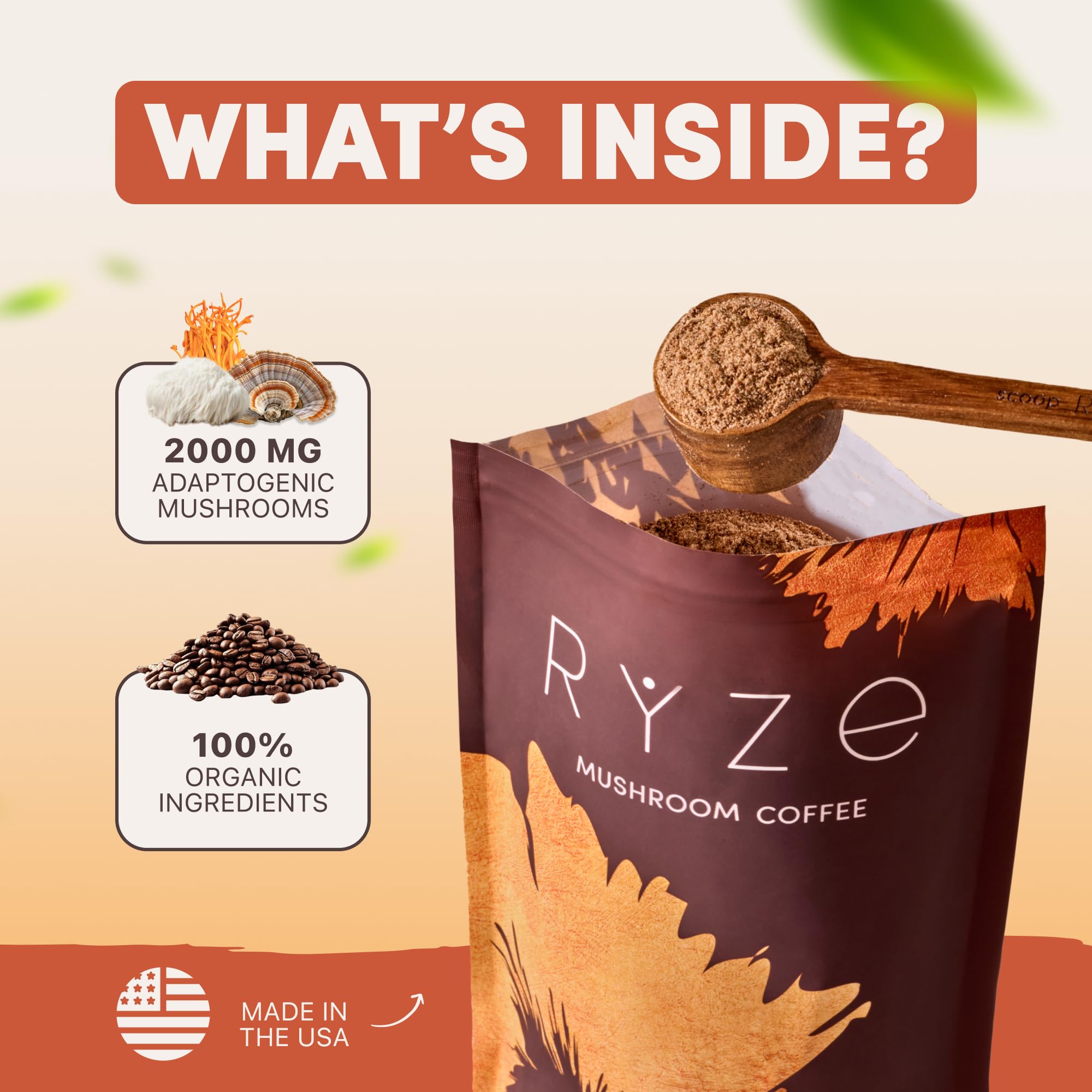 RYZE SUPERFOODS Mushroom Coffee USDA Organic — 6 Adaptogenic Mushrooms + MCT Oil, 30 Servings