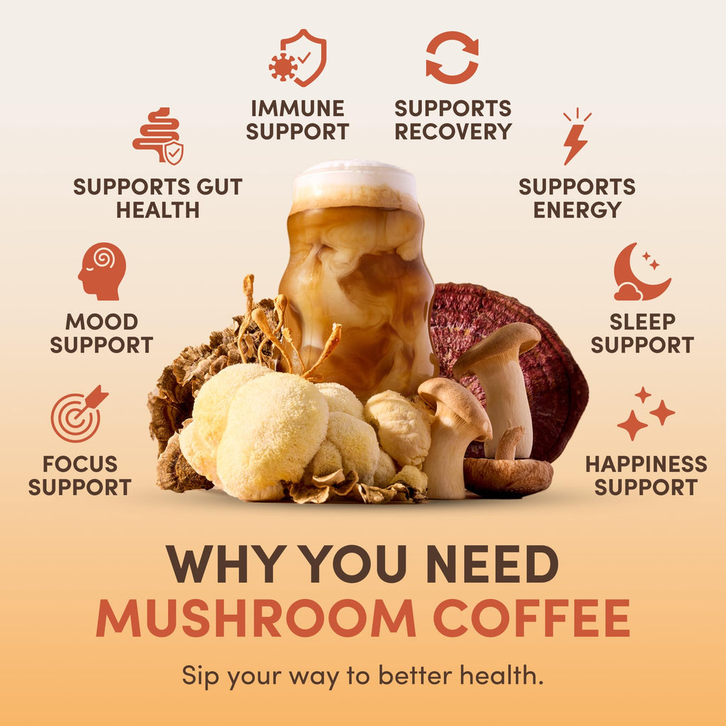 RYZE SUPERFOODS Mushroom Coffee USDA Organic — 6 Adaptogenic Mushrooms + MCT Oil, 30 Servings