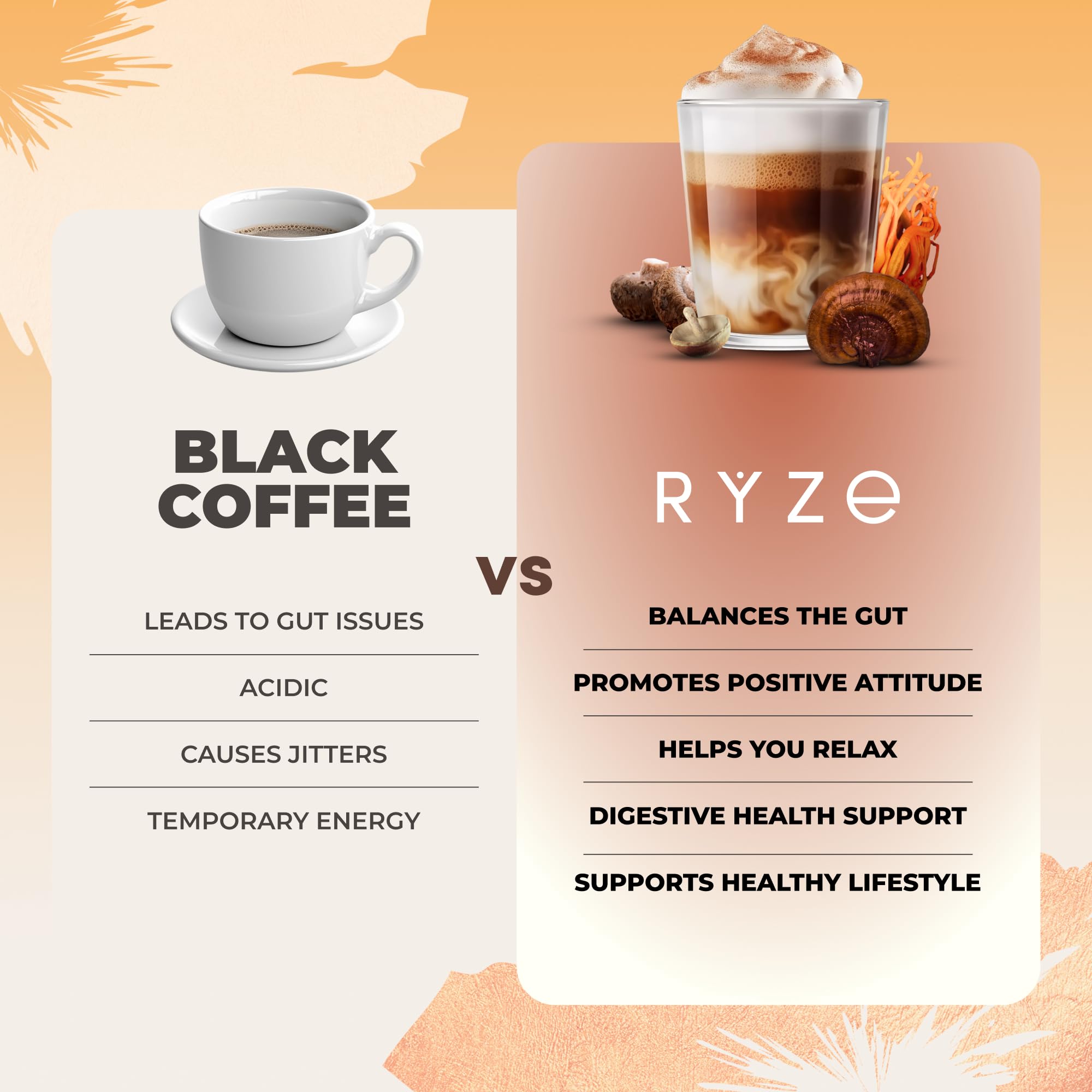 RYZE SUPERFOODS Mushroom Coffee USDA Organic — 6 Adaptogenic Mushrooms + MCT Oil, 30 Servings
