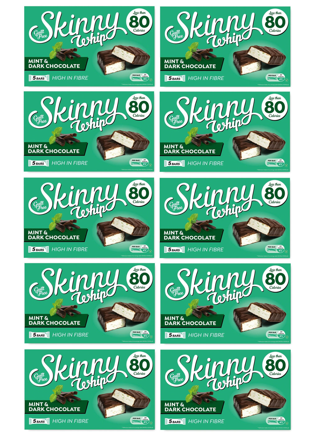 10 x Skinny Whip Mint & Dark Choc Snack Bars 5 Pk 5X25Gm