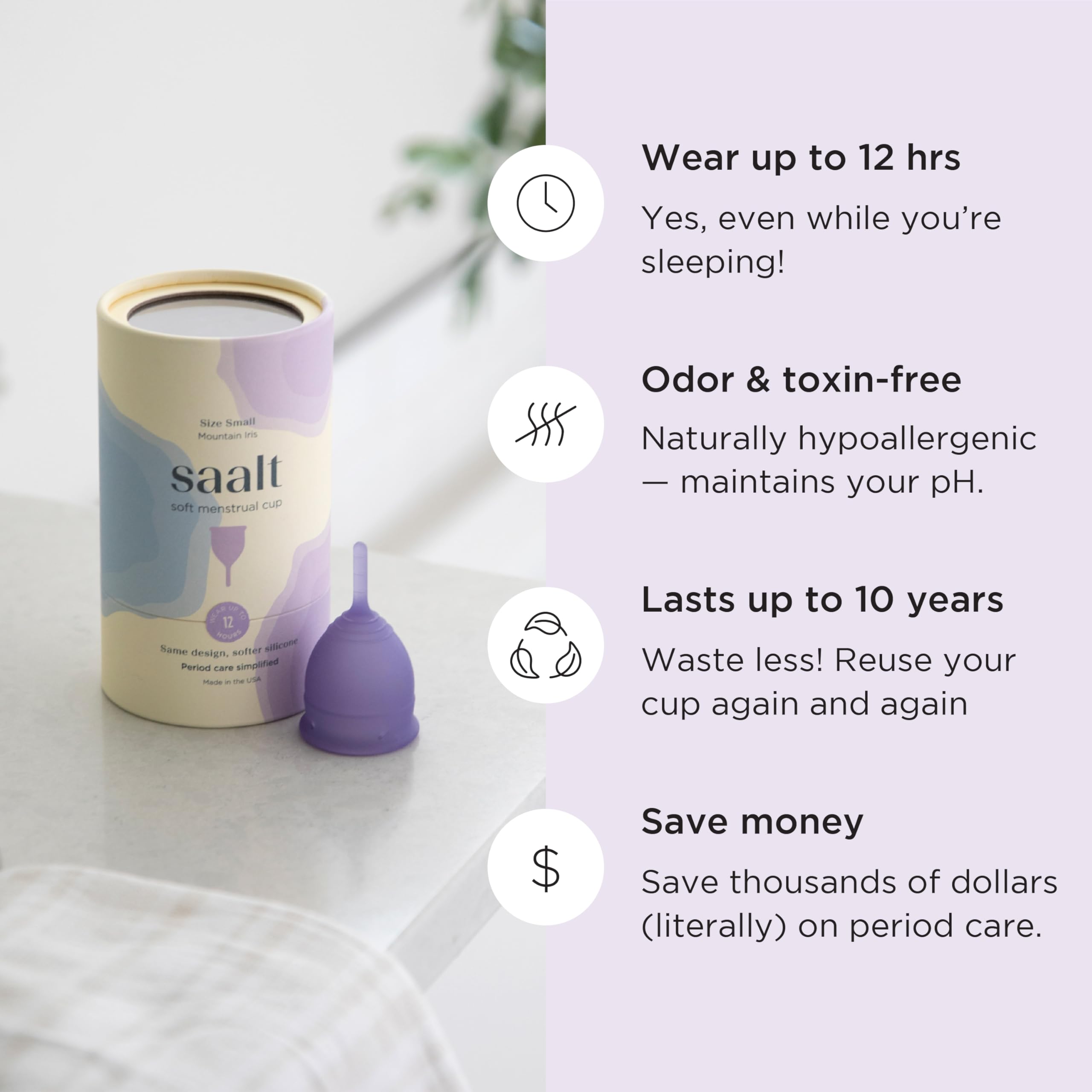 Saalt Soft Menstrual Cup – Reusable, Comfortable Leak-Free Protection (Regular, Mountain Iris)