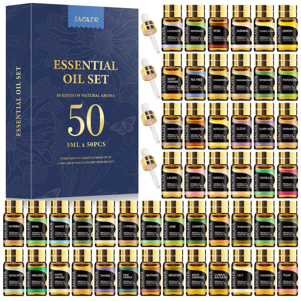 50 Pcs Essential Oils by SACATR – 50x5ml Natural Essential Oils Set | Diffuser, DIY Candles & Soap