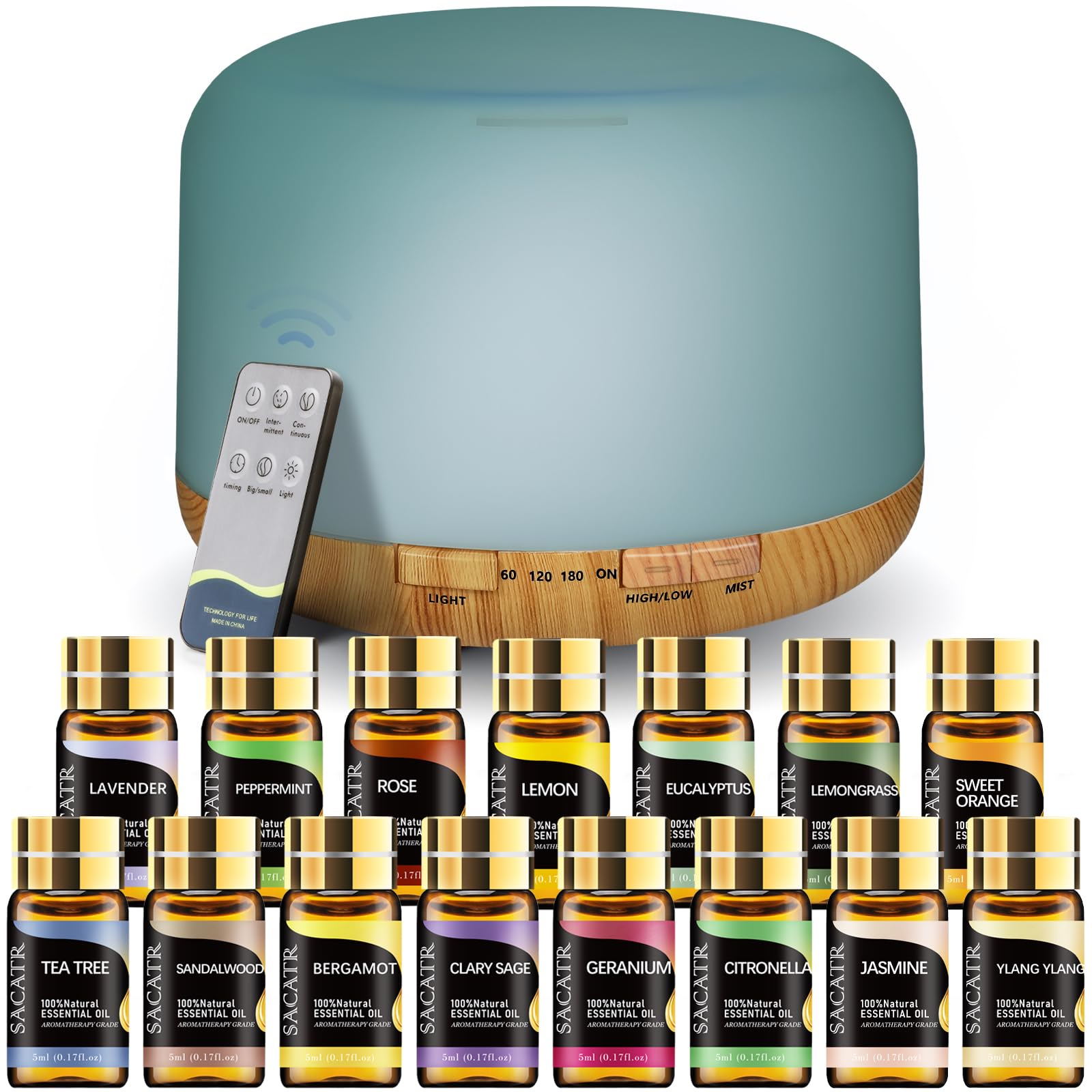 SACATR 500ml Essential Oil Diffuser with 15 Oils – Ultrasonic Humidifier, Remote, 4 Timers, 15 Color Lights