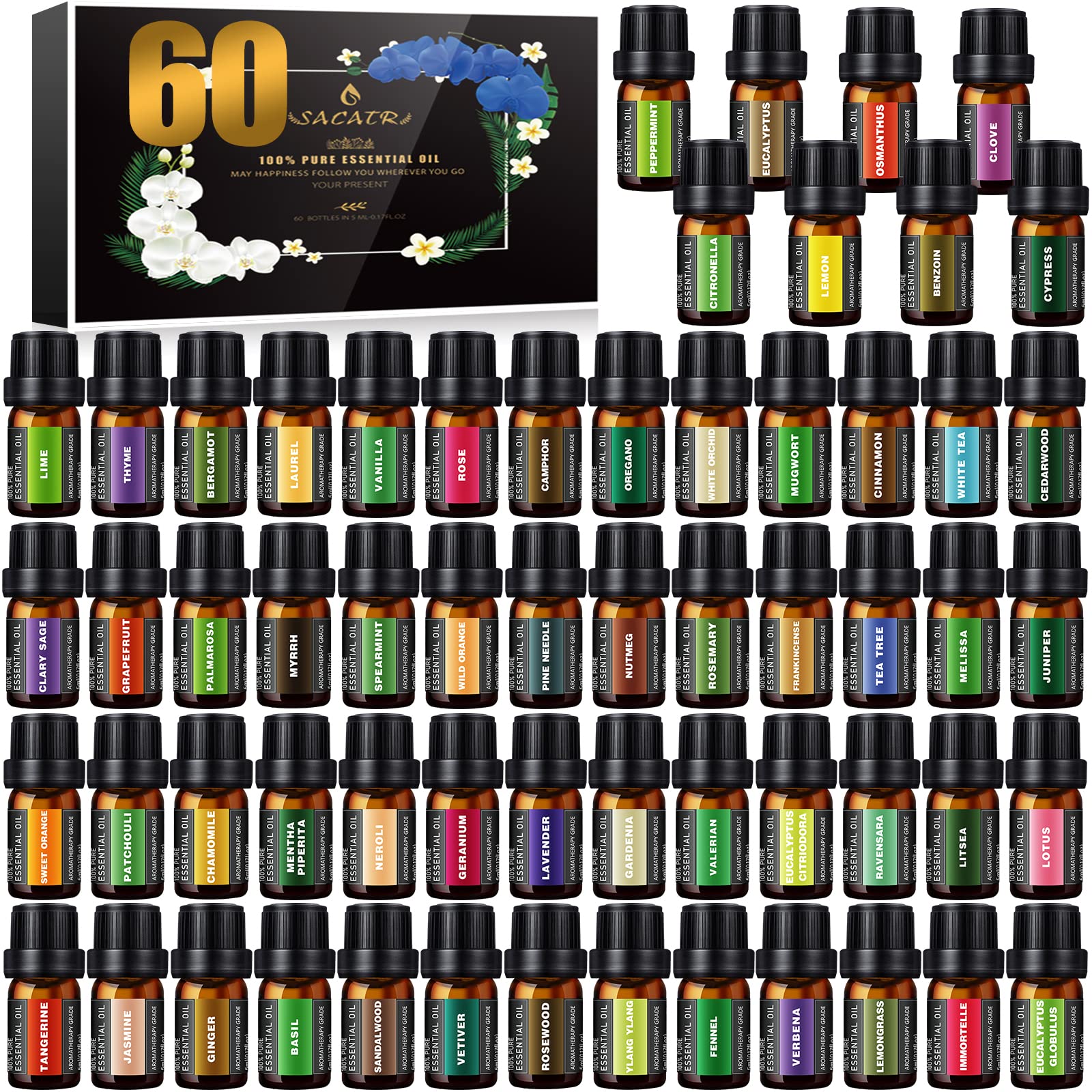 SACATR 60 Bottles Premium Essential Oils Set - Natural Oils for Diffuser, Humidifier, Candle and Soap Making (60x5 ml)