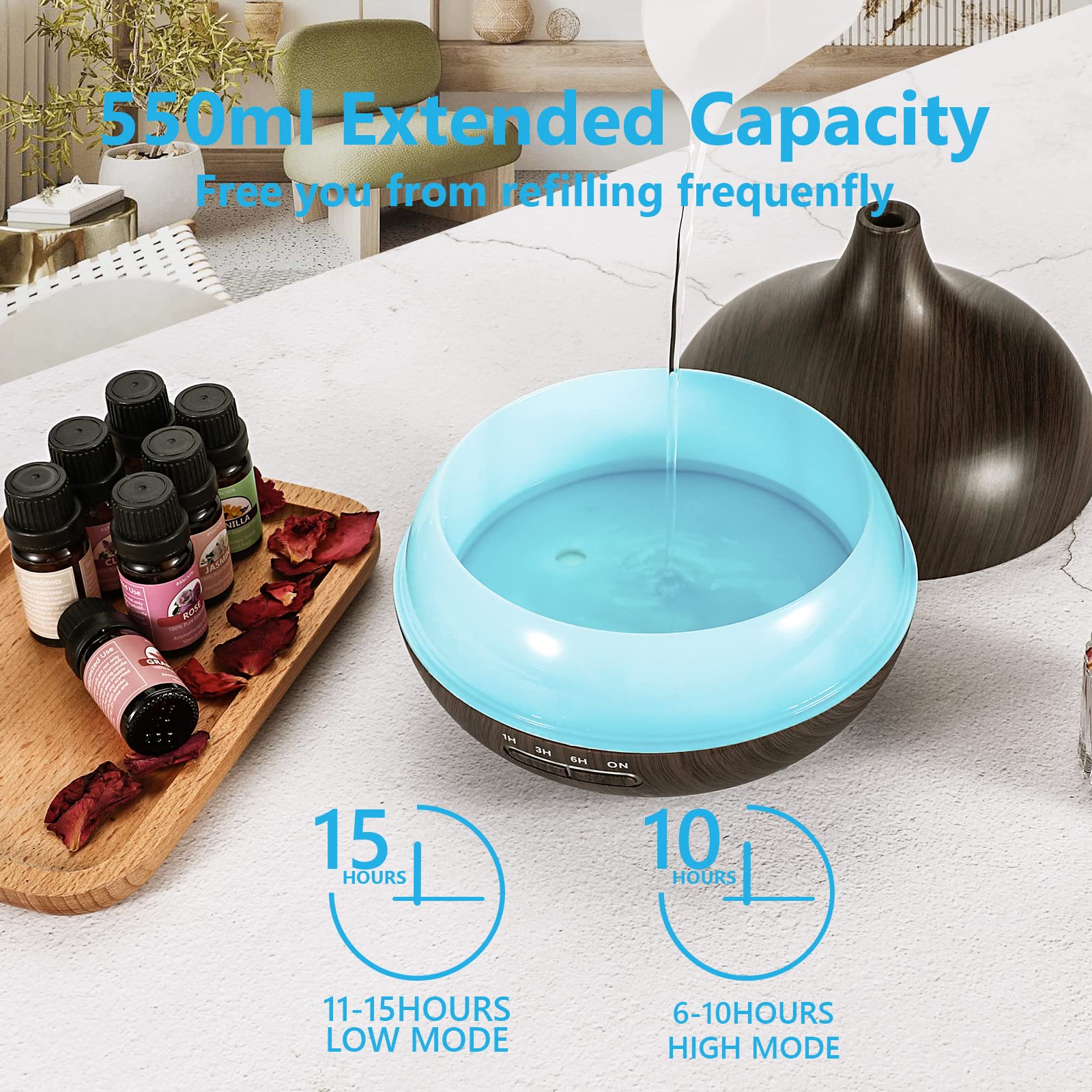 SACATR 550ml Aromatherapy Diffuser with 15x10ml Essential Oils - Ultrasonic Diffuser with Remote for Home and Office