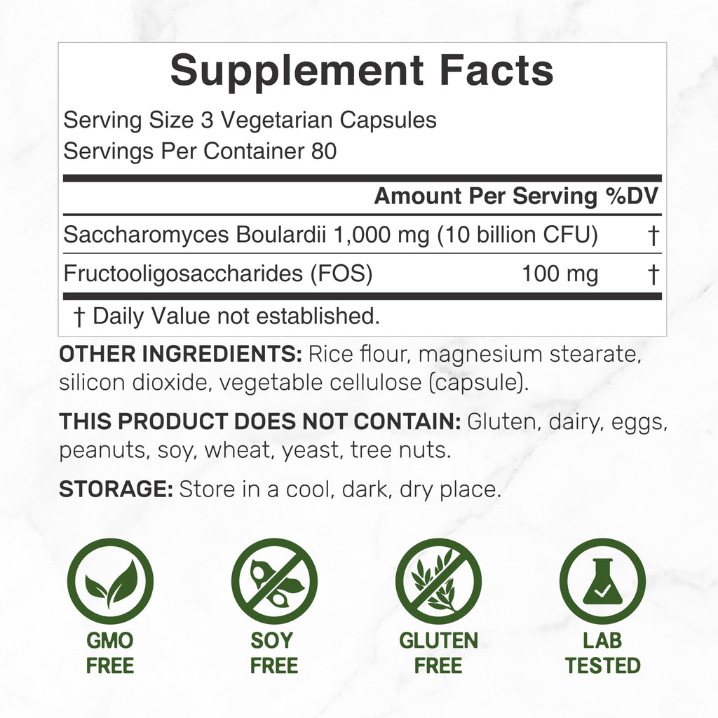 Saccharomyces Boulardii Probiotics + FOS – 10 Billion CFU, 240 Veggie Capsules | Gut, Immune & Digestive Health – Non-GMO