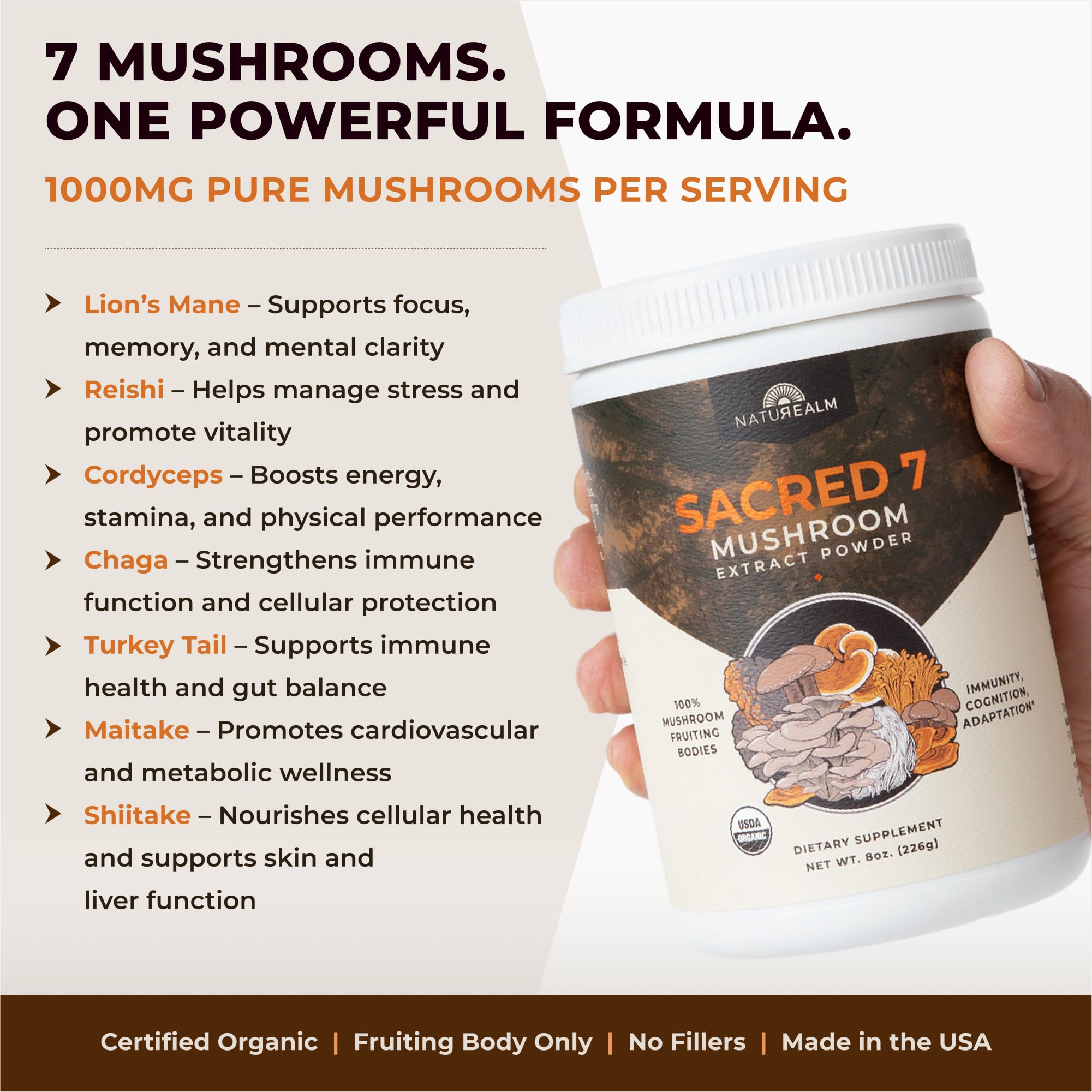 Naturealm Sacred 7 Mushroom Powder – 7-in-1 Blend (7 Month Supply) for Immune Support, Focus & Energy | Coffee Enhancer