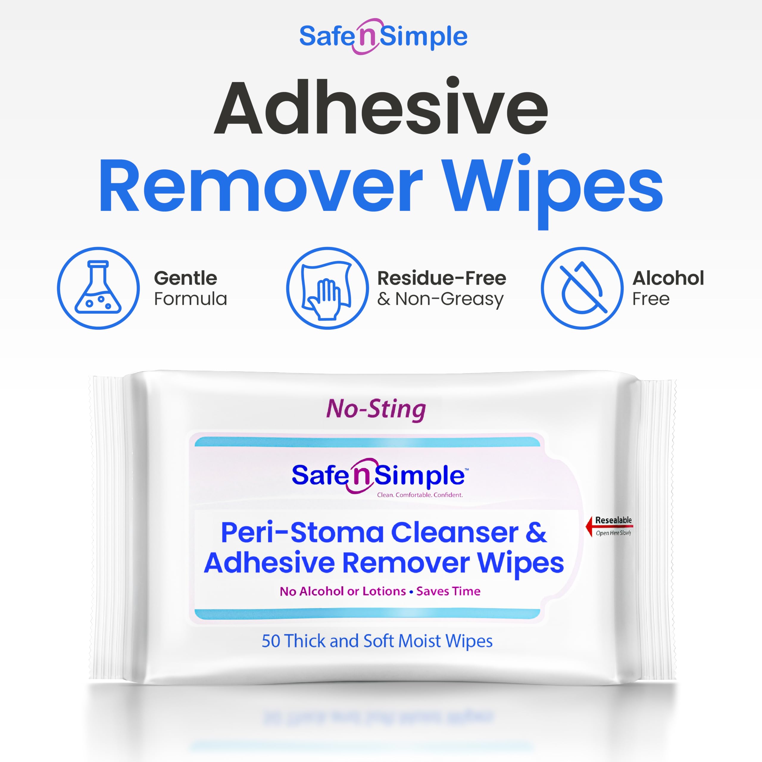 Safe n’ Simple Adhesive Remover Wipes – No Sting, Alcohol-Free, 50 Large 5x7