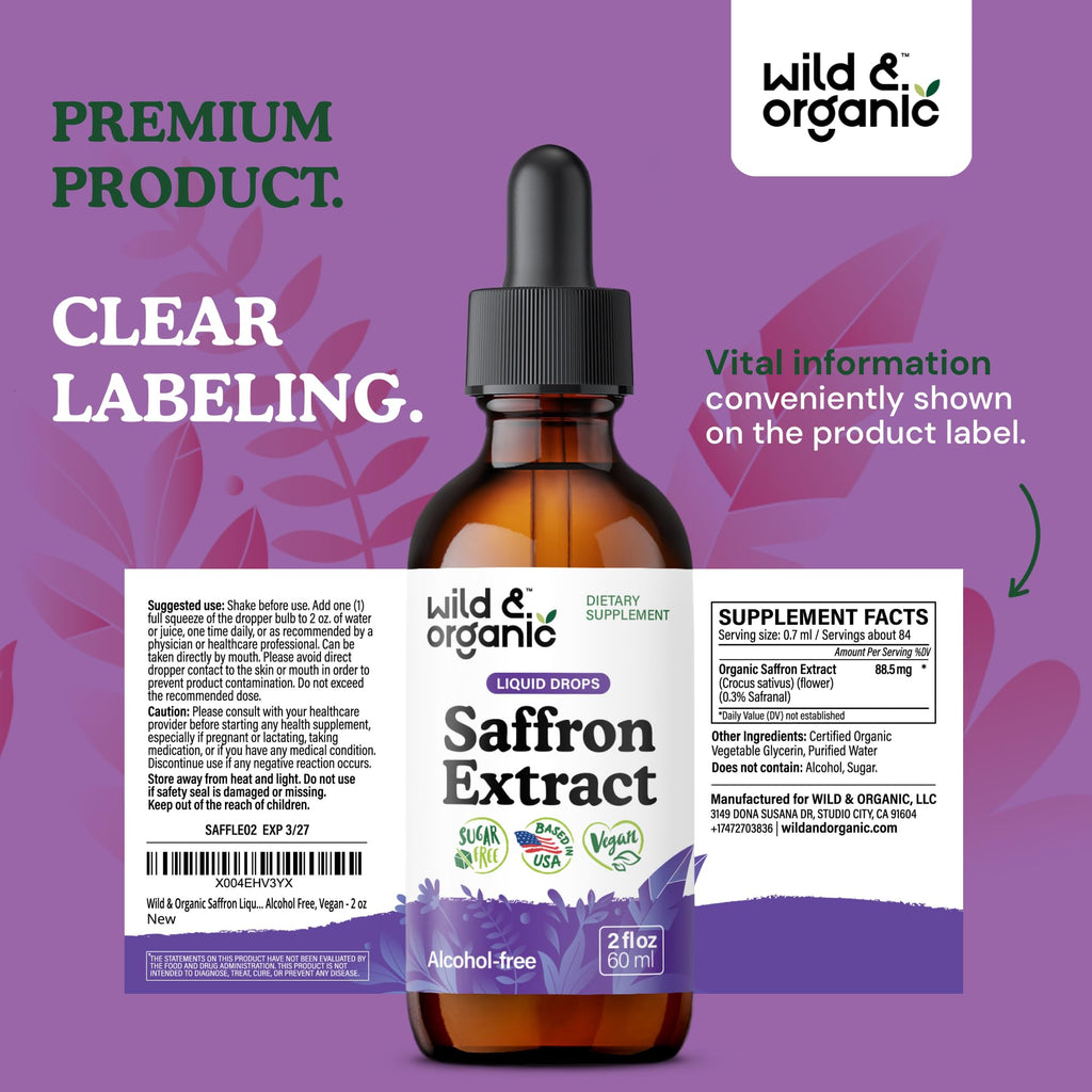Wild & Organic Saffron Drops - 88.5 mg Saffron Supplement for Mood, Brain, Vision Support - Crocus Sativus Liquid Extract - Vegan, Sugar & Alcohol-Free Tincture - 2 fl oz