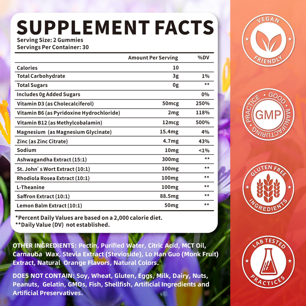 Melatonin-Free Saffron Gummies for Mood & Focus – 60 Count with 88.5 mg Saffron Extract, D3, B6, B12