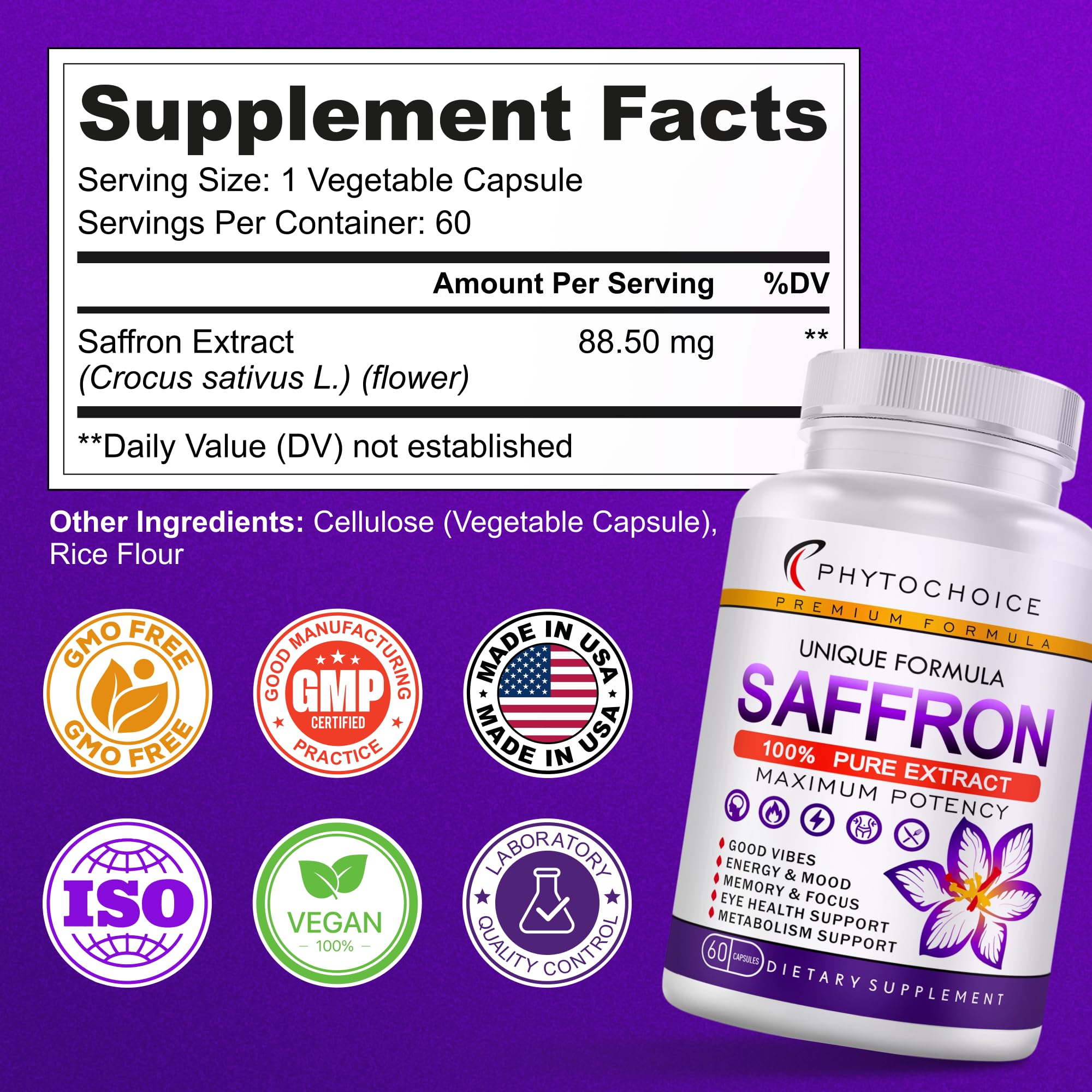 Saffron Extract Capsules 88.5 mg – Mood, Focus & Eye Health | Made in USA (120 Capsules)