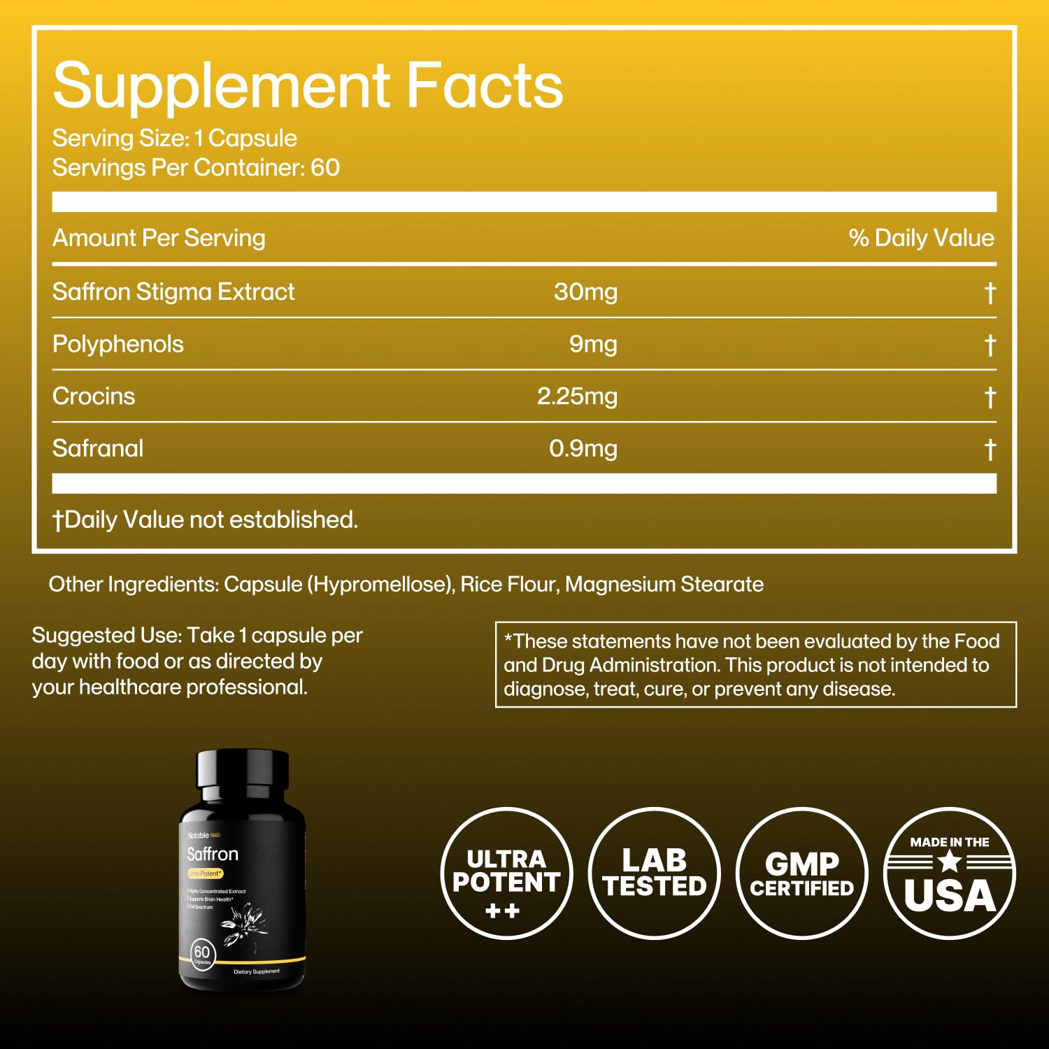 Notable Ultra-Potent Saffron Extract Capsules | 30mg | 20% Polyphenols, 7.5% Crocins, and 3% Safranal | Supports Mood, Eye Health, Memory, & Focus | 60 Day Supply