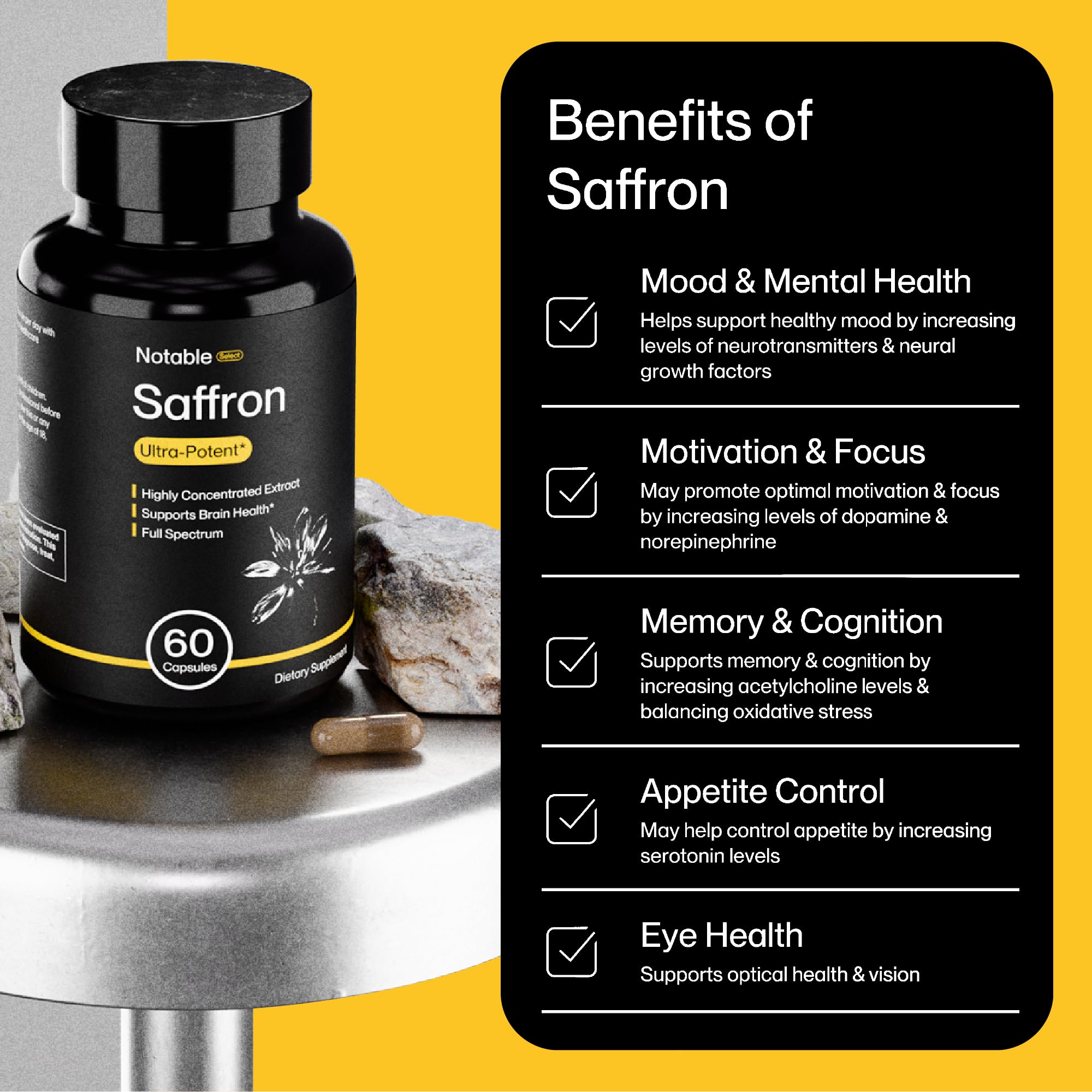 Notable Ultra-Potent Saffron Extract Capsules | 30mg | 20% Polyphenols, 7.5% Crocins, and 3% Safranal | Supports Mood, Eye Health, Memory, & Focus | 60 Day Supply