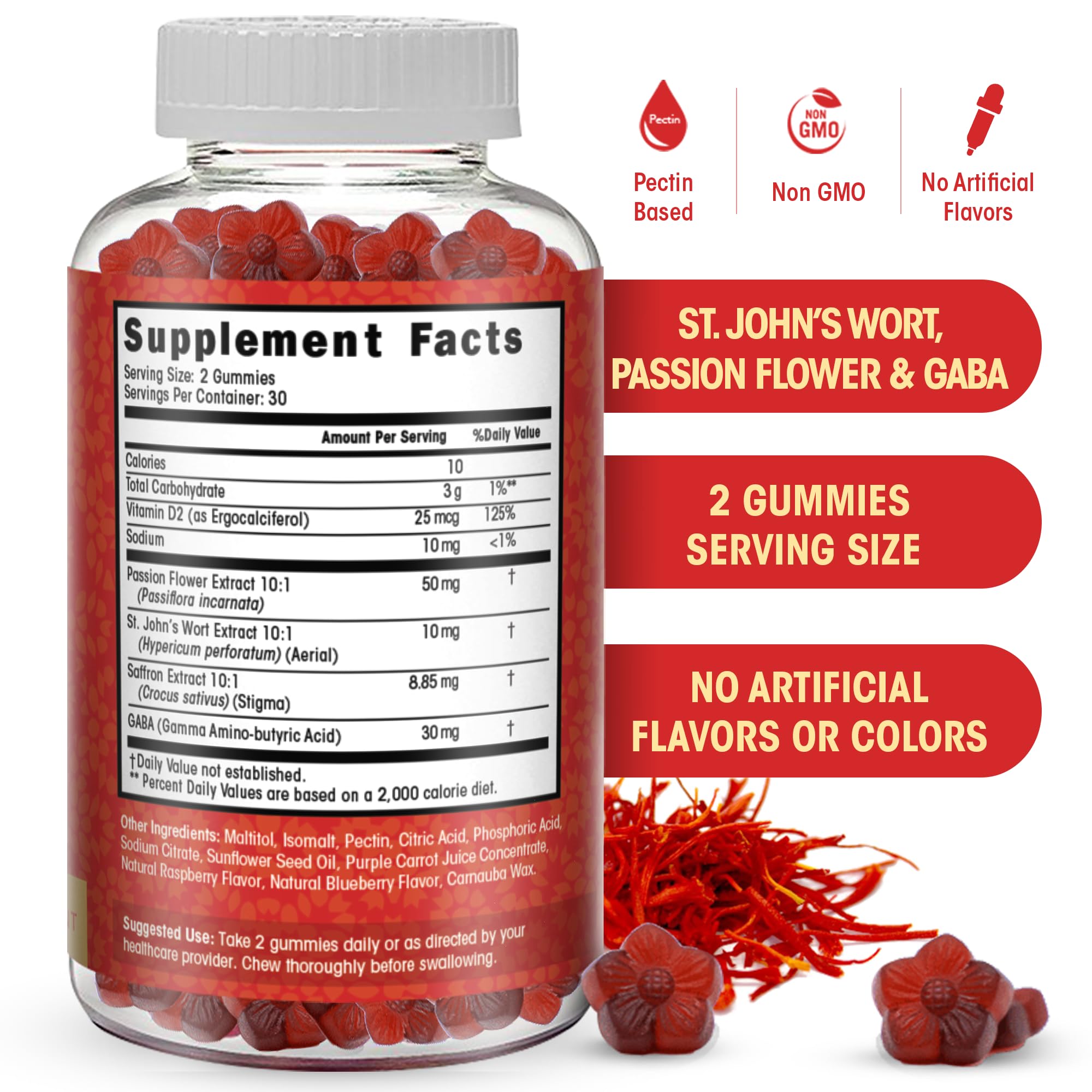 Saffron Gummies – Sugar Free Saffron Supplement with GABA, St. John's Wort & Passion Flower | Focus & Mood Support (60 Gummies)