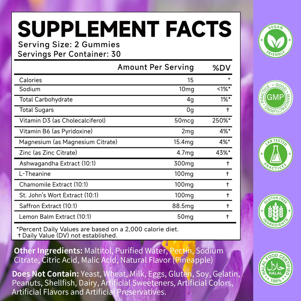 Saffron Gummies for Adults – 10-in-1 Cortisol Support with Saffron 88.5mg, Vitamin D3, B6, Magnesium, Zinc | 120 Count
