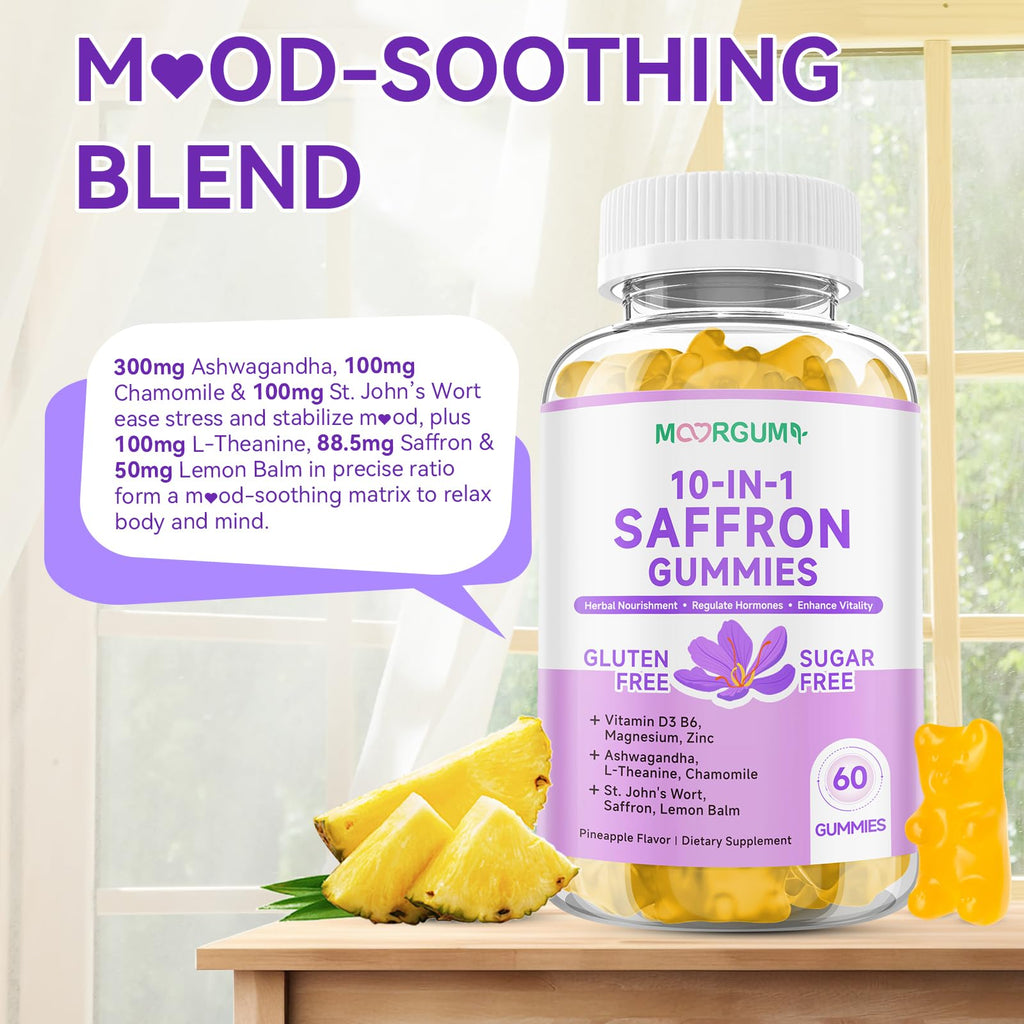 Saffron Gummies for Adults – 10-in-1 Cortisol Support with Saffron 88.5mg, Vitamin D3, B6, Magnesium, Zinc | 120 Count