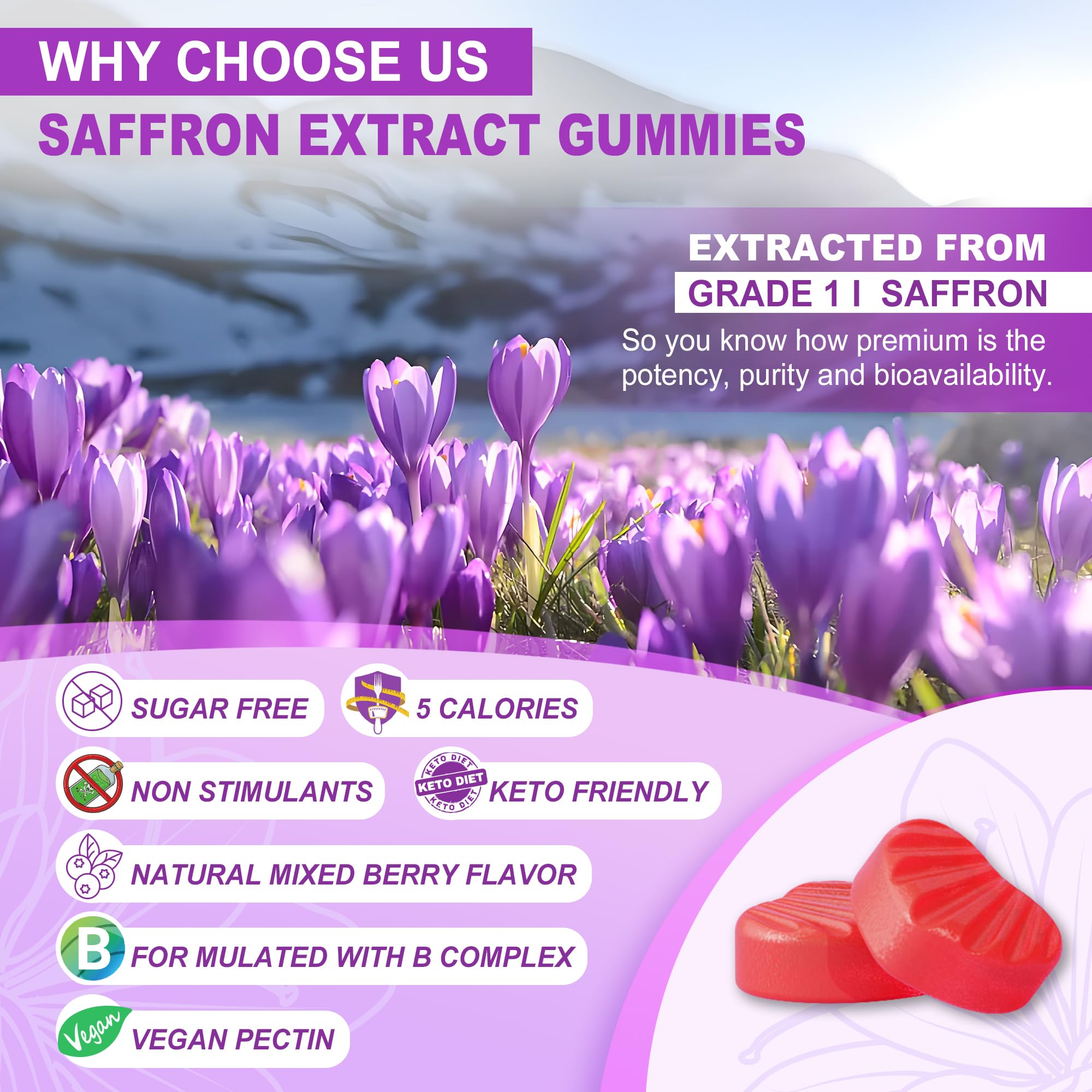 Saffron Gummies 100mg – 100% Pure Saffron Extract, Mood & Power (60 Count)