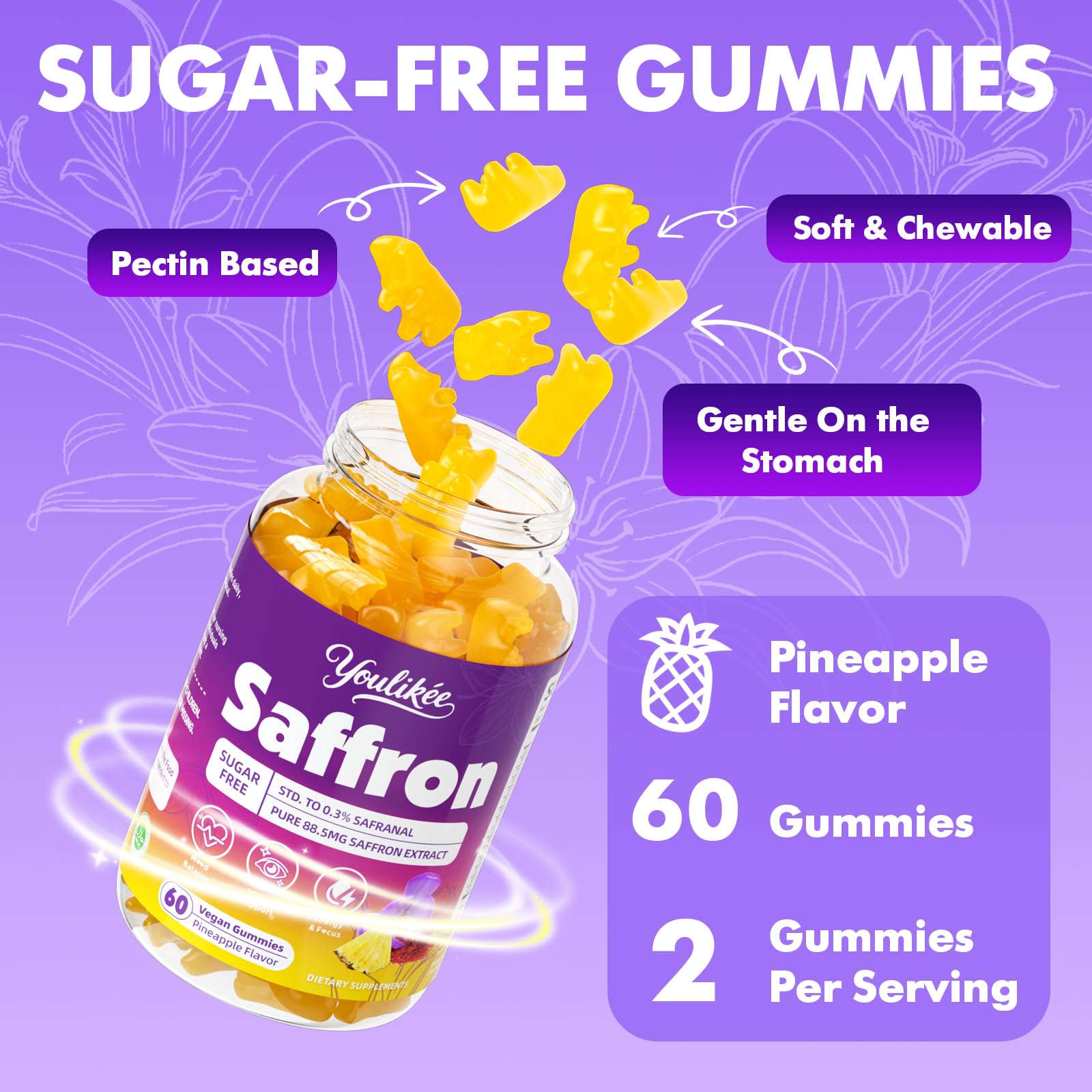 Saffron Gummies 88.5mg – Pineapple 60 Count | Magnesium, Rhodiola, Ashwagandha