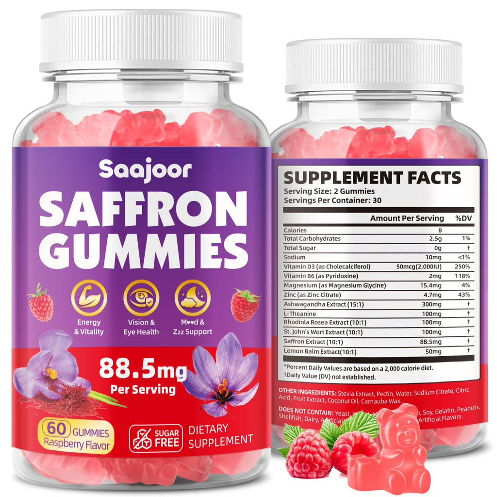 Saffron Gummies for Adult Kids - 88.5mg Saffron, Mood & Focus, Vegan Raspberry 60 Gummies