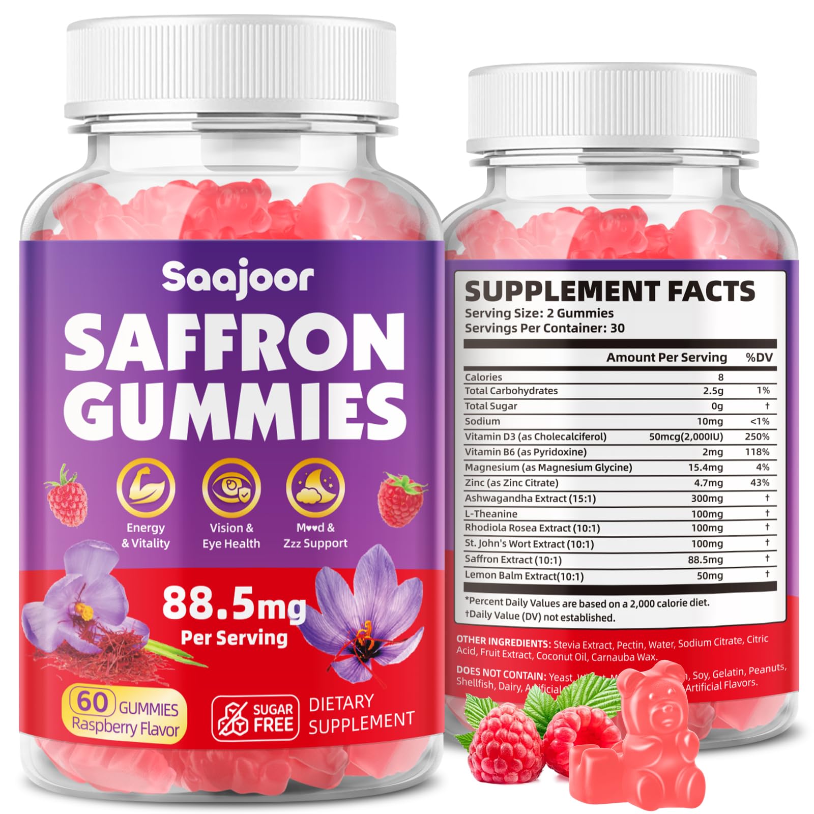 Saffron Gummies for Adult Kids - 88.5mg Saffron, Mood & Focus, Vegan Raspberry 60 Gummies