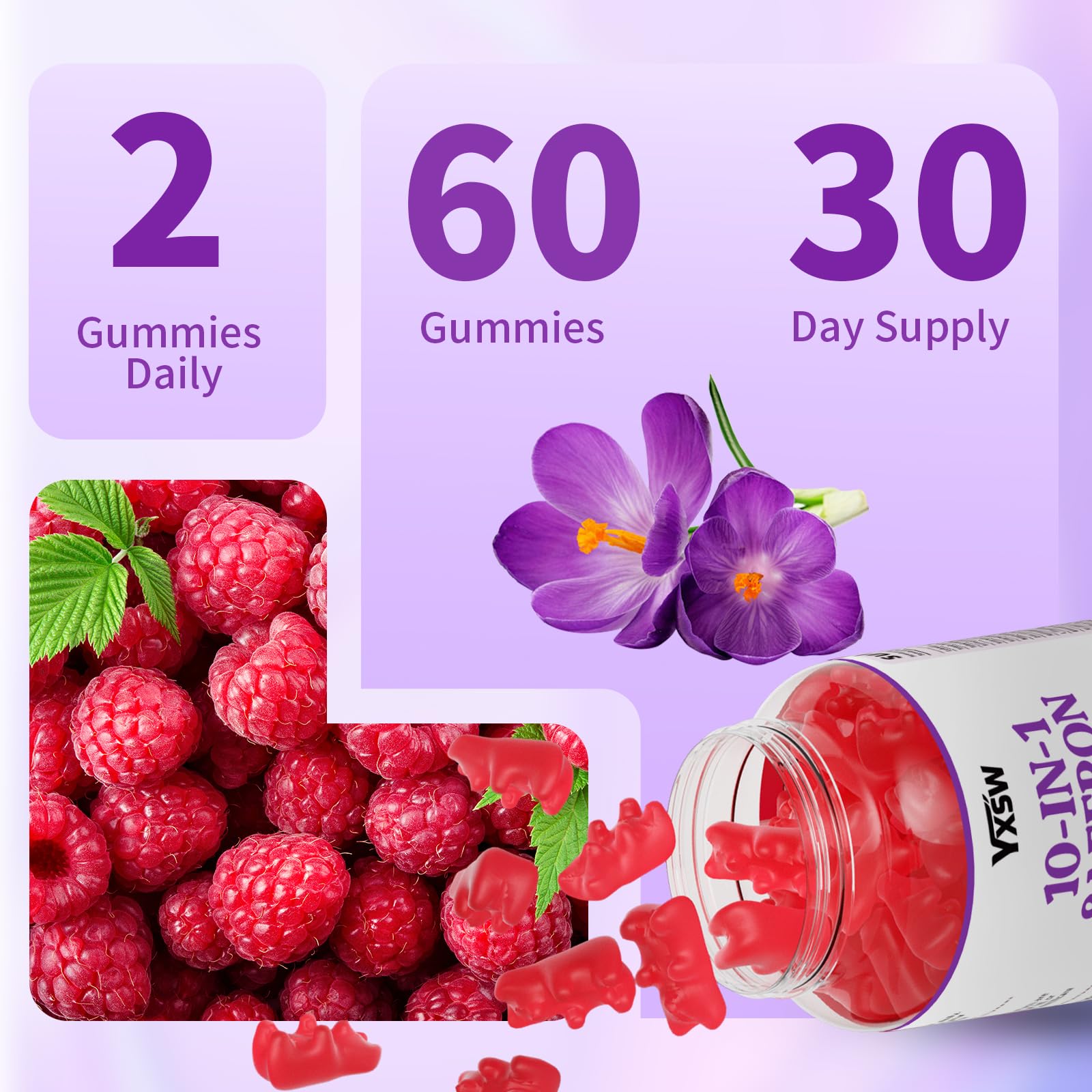 Saffron Gummies 60 Count – Raspberry Flavor, 10-in-1 Focus, Mood & Sleep Support