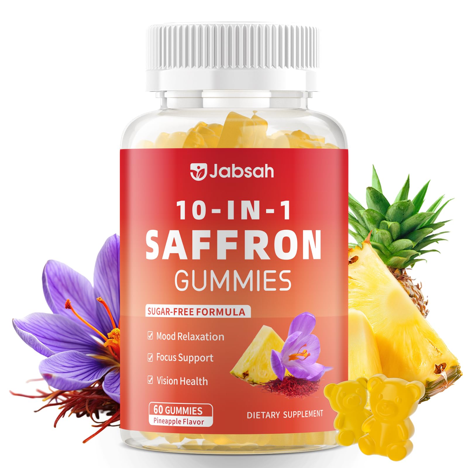 Melatonin-Free Saffron Gummies for Mood & Focus – 60 Count with 88.5 mg Saffron Extract, D3, B6, B12