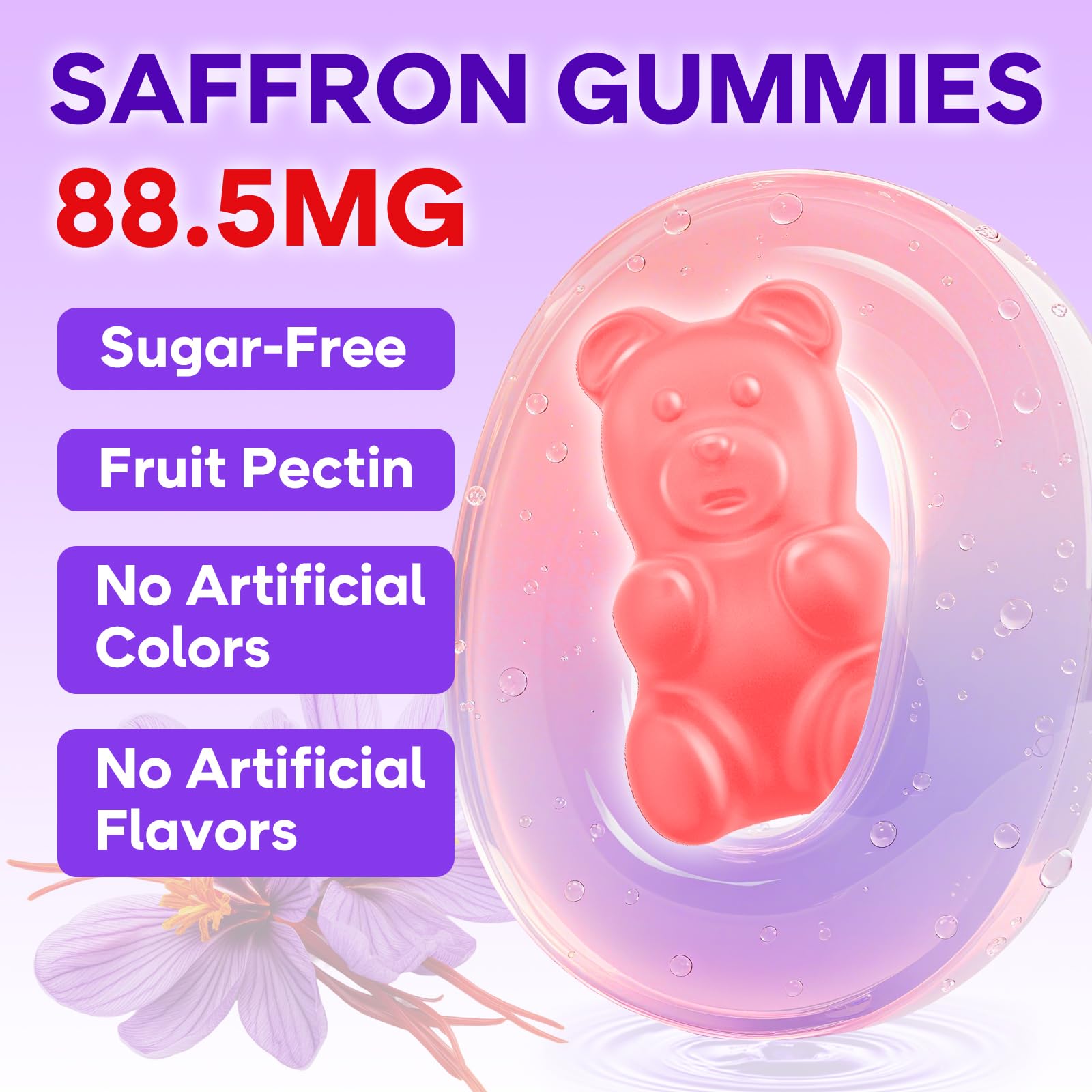 Saffron Gummies 60 Count - 10-in-1 Formula with Magnesium, L-Theanine, Rhodiola (Sugar-Free Raspberry)