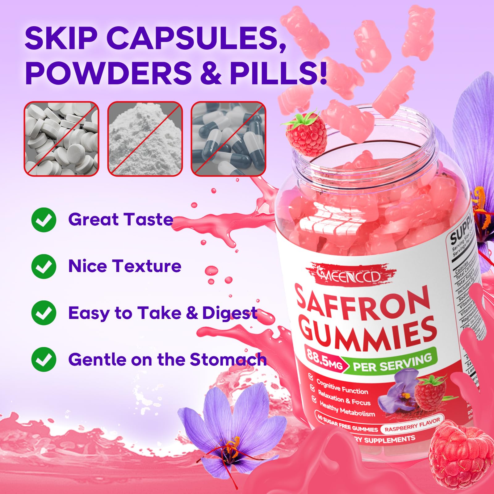 Saffron Gummies 60 Count - 10-in-1 Formula with Magnesium, L-Theanine, Rhodiola (Sugar-Free Raspberry)