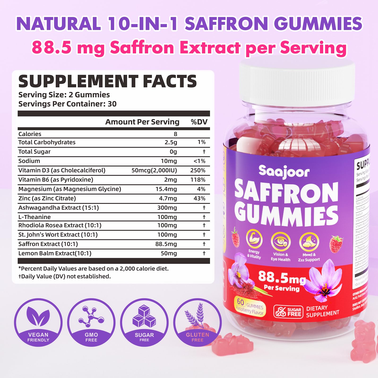 Vegan Saffron Gummies for Mood & Focus – Raspberry, 120 Gummies