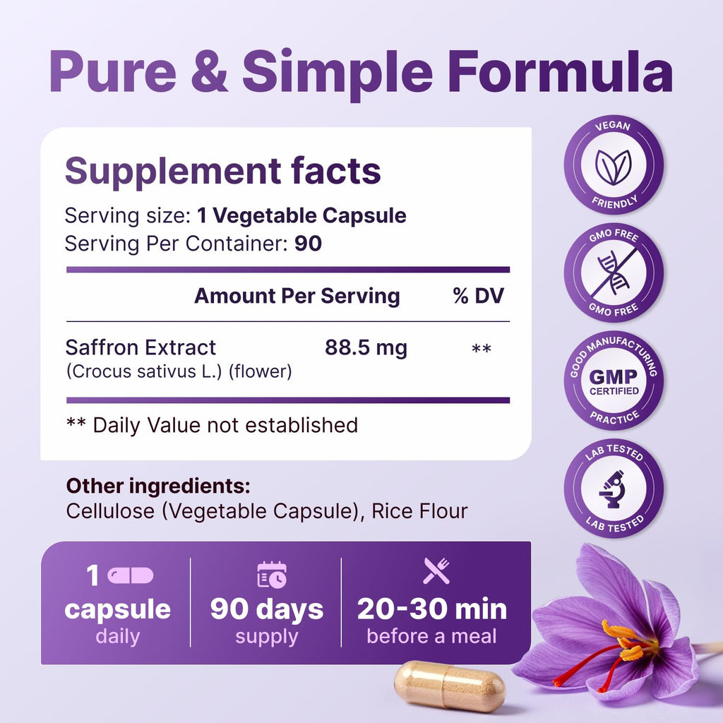 Saffron Supplements - 88.5 mg Pure Saffron Extract Capsules | Mood, Focus, Eye Health - Made in USA